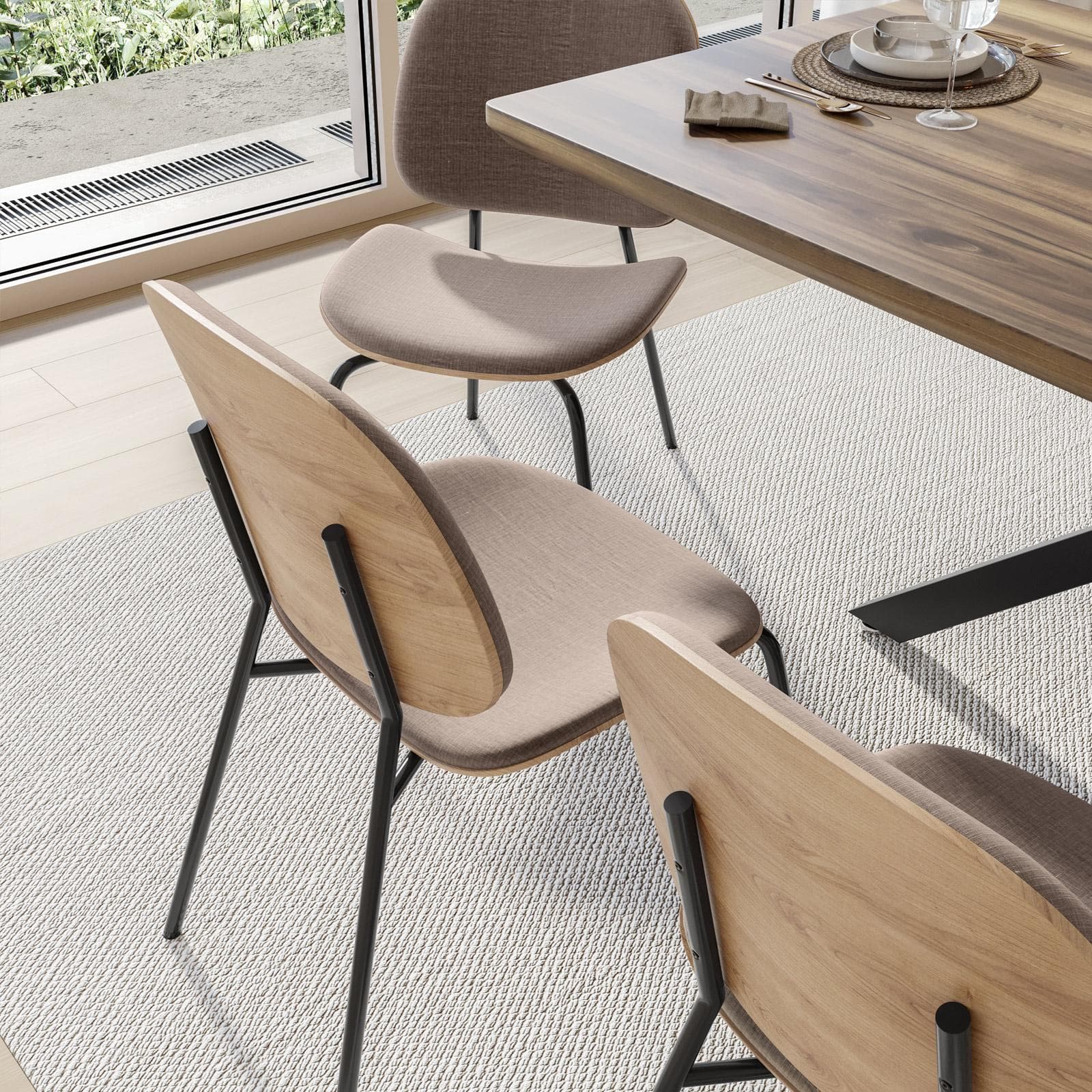 Set 4 sedie in plywood e tessuto tortora con gambe in metallo nero - Dream