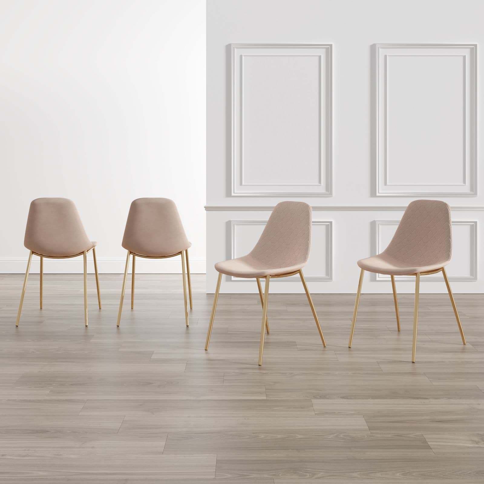 Set 4 sedie in velluto trapuntato beige con gambe in metallo oro - Lord