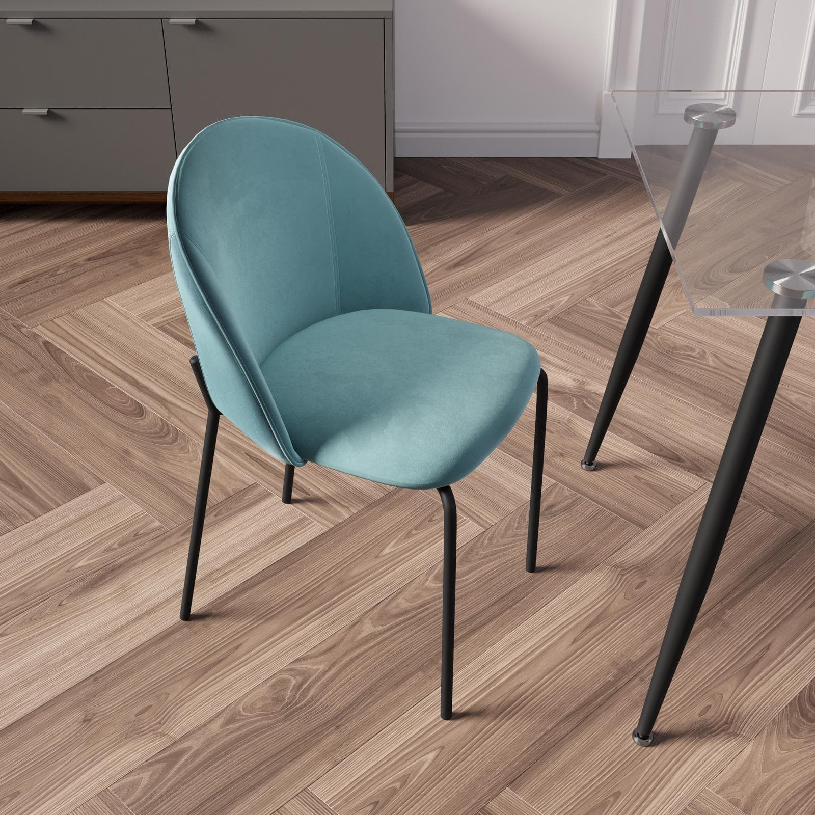 Set 4 sedie in velluto blu petrolio con gambe in metallo nero - Vesta