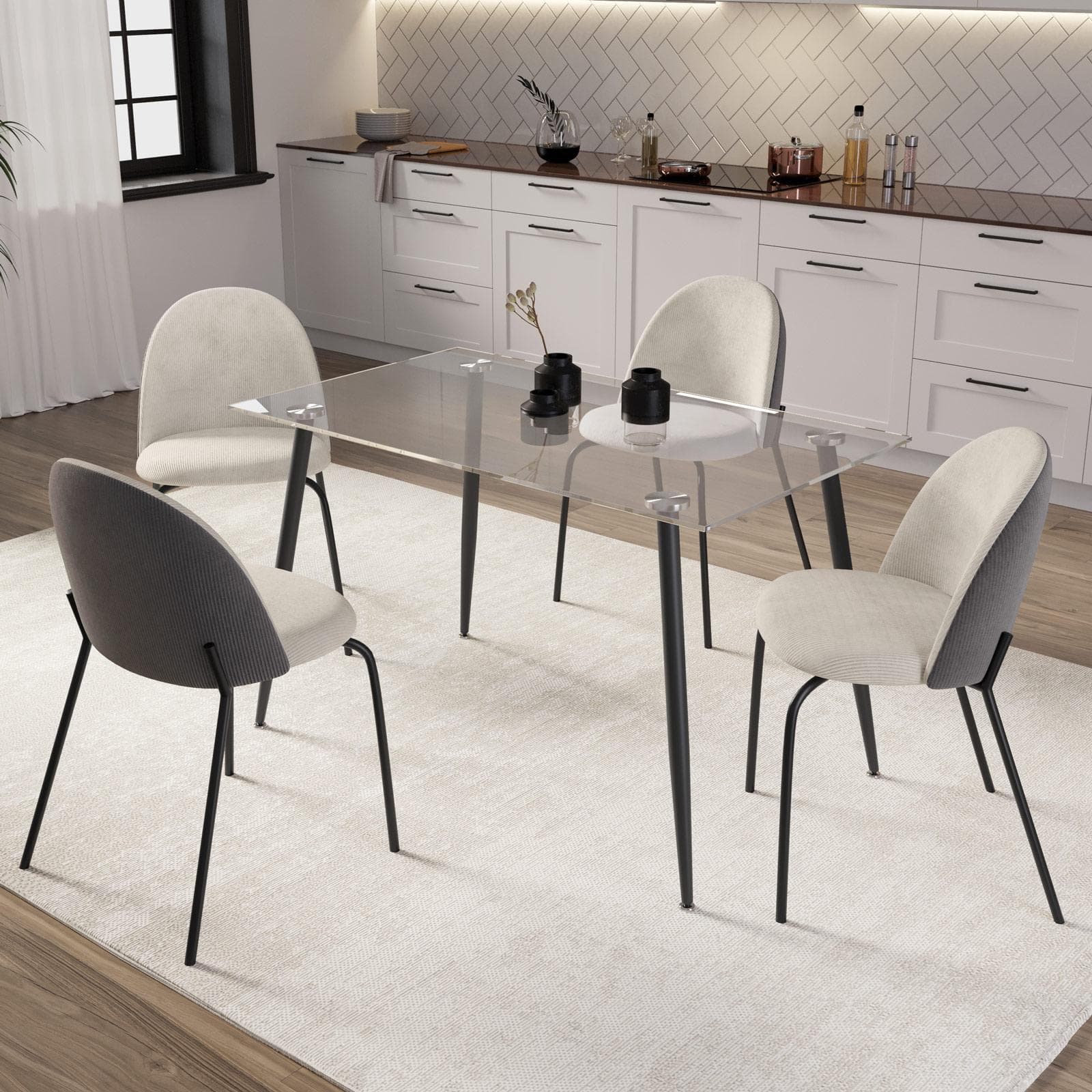 Set 4 sedie in velluto grigio a coste e gambe nere - Vesta
