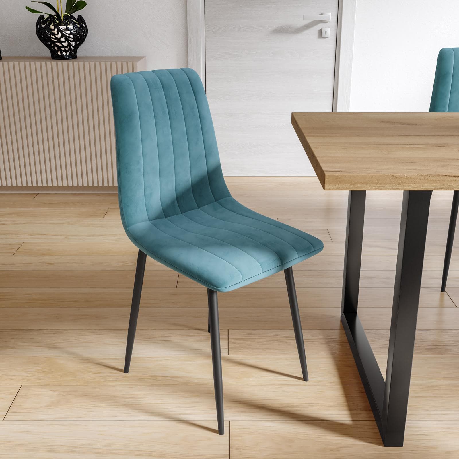 Set 4 sedie in velluto striato turchese e gambe nere - Wagner