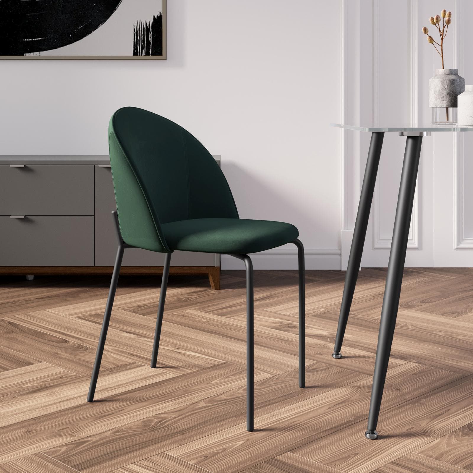 Set 4 sedie in velluto verde scuro con gambe in metallo nero - Vesta