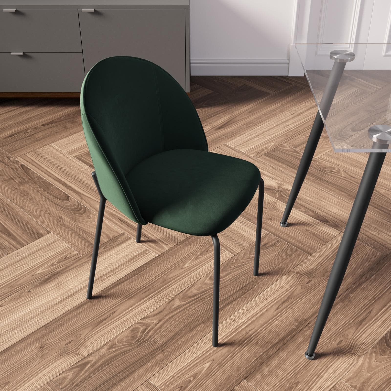 Set 4 sedie in velluto verde scuro con gambe in metallo nero - Vesta