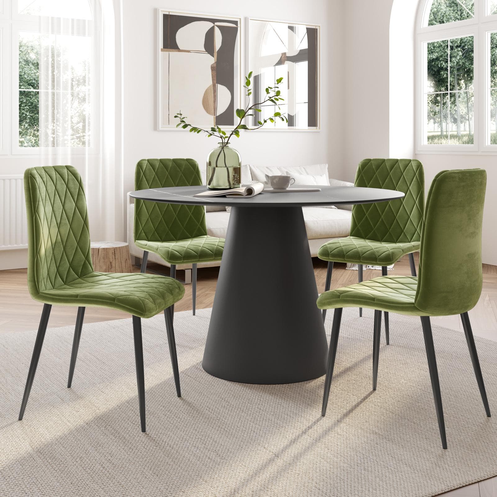 Set 4 sedie in velluto trapuntato verde con gambe nere - Zilch