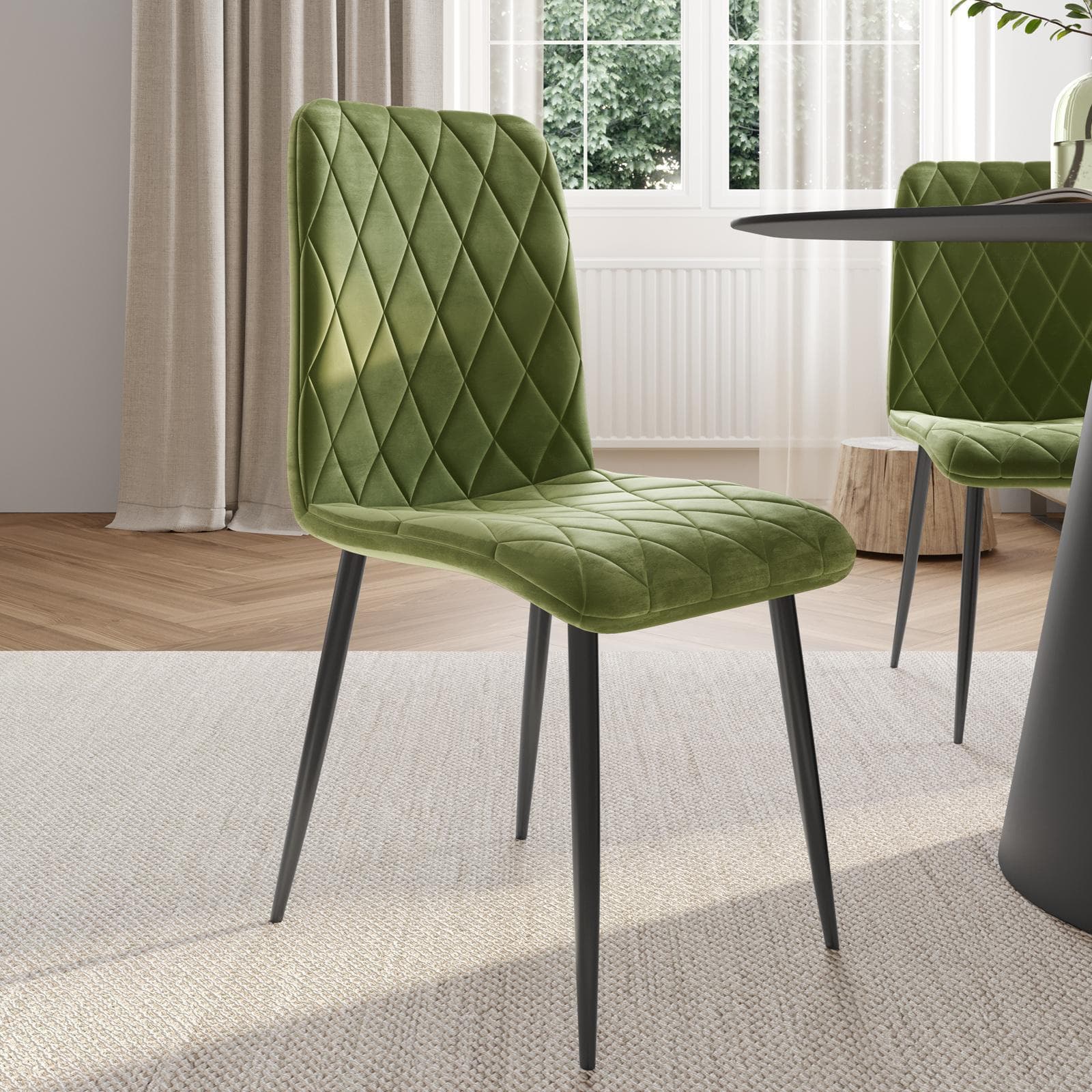 Set 4 sedie in velluto trapuntato verde con gambe nere - Zilch