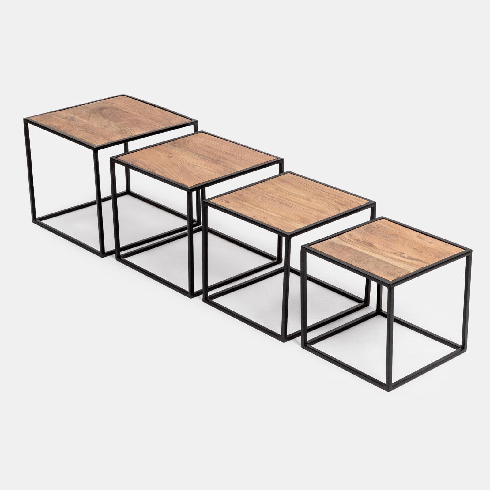 Set 4 tavolini in legno di acacia e metallo nero - Freia Acacia