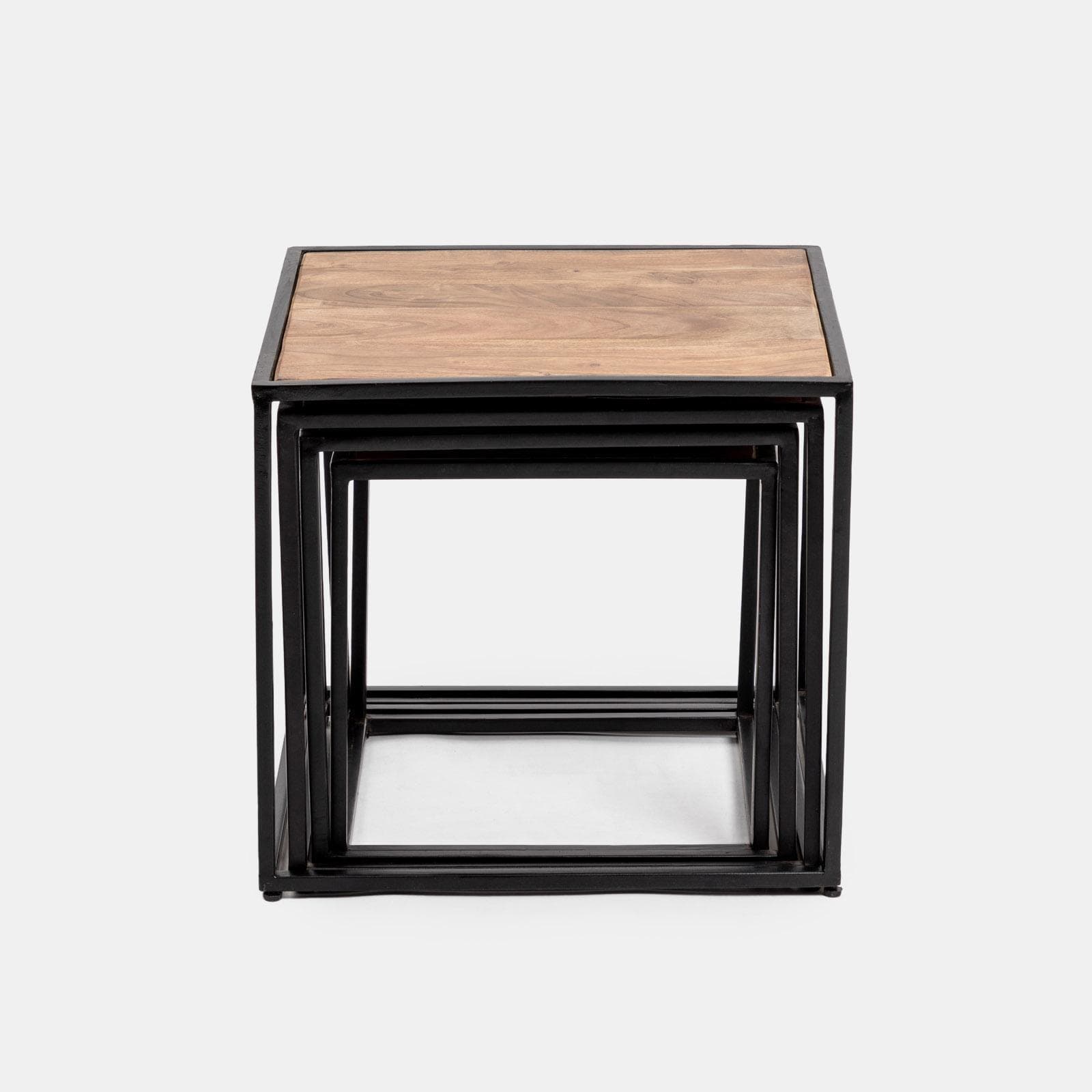 Set 4 tavolini in legno di acacia e metallo nero - Freia Acacia