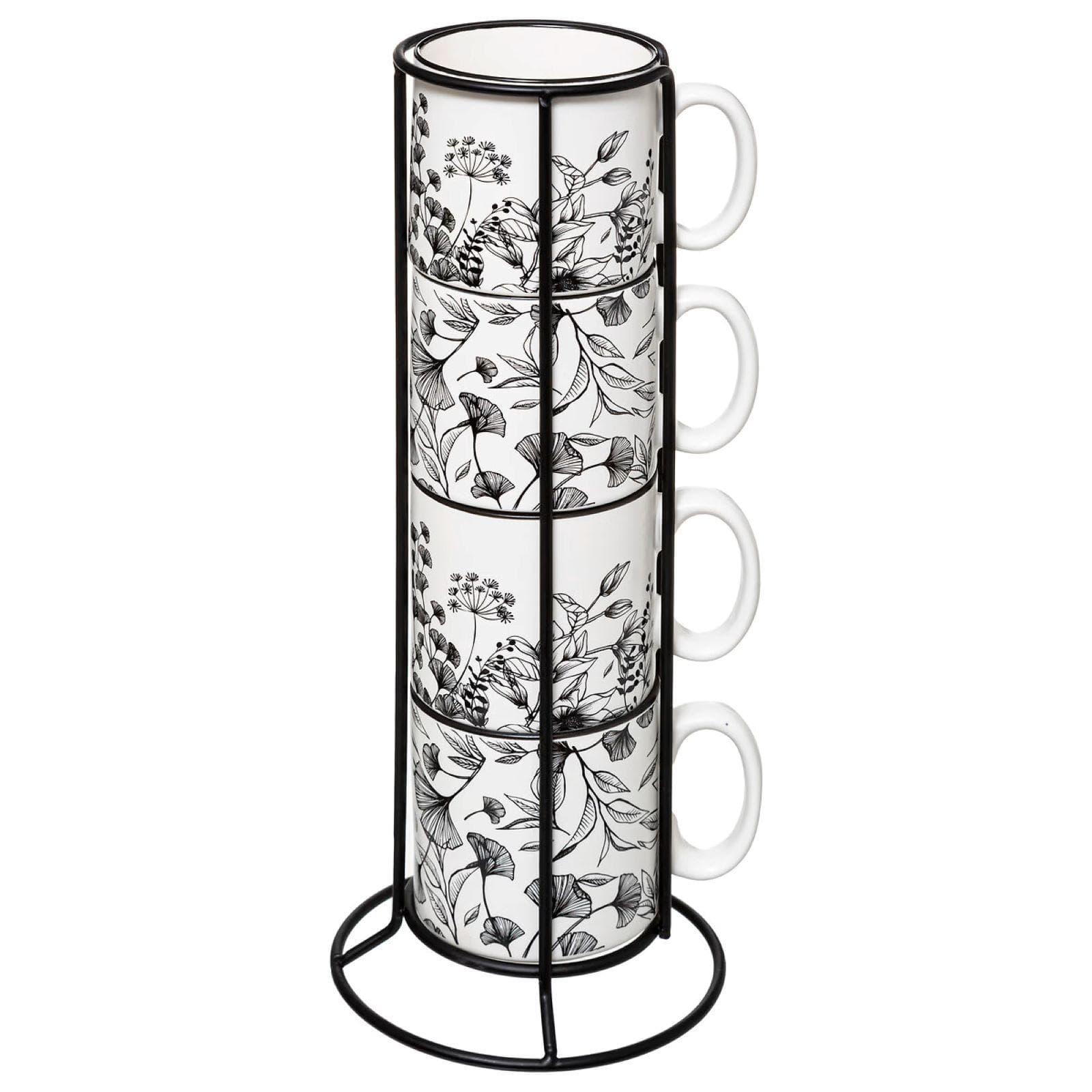 Set 4 tazze impilabili 24 cl in ceramica bianco e nero con supporto in metallo nero