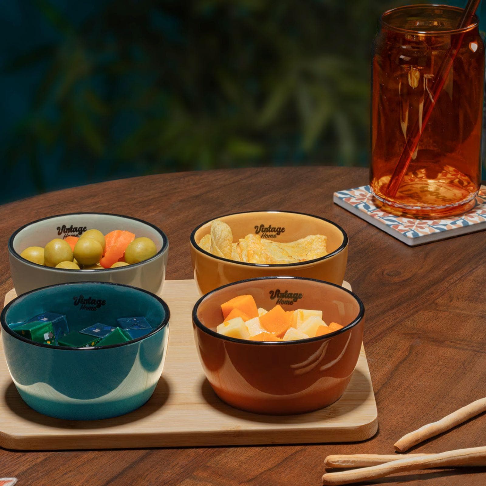 Set 5 accessori per aperitivo in bambù naturale e ceramica multicolore