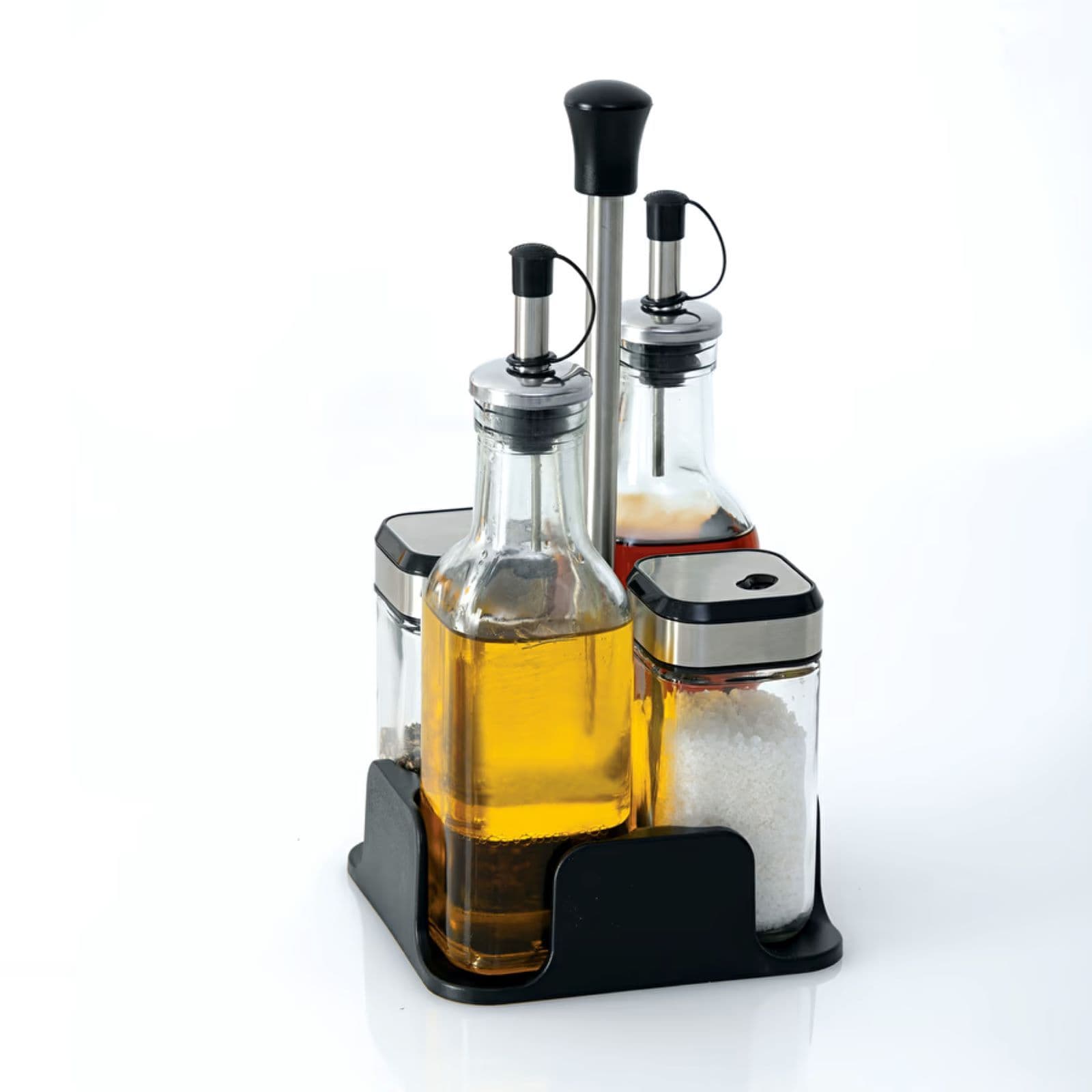Set 5 accessori per condimenti in acciaio inox cromo e vetro