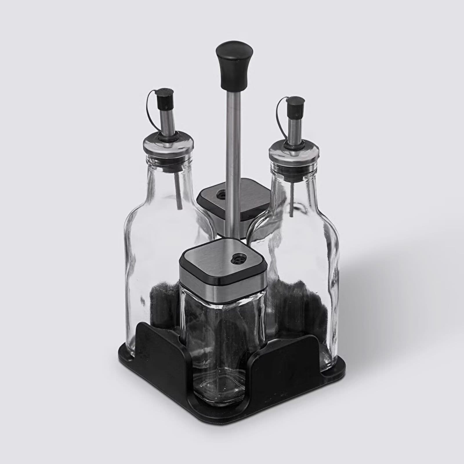 Set 5 accessori per condimenti in acciaio inox cromo e vetro
