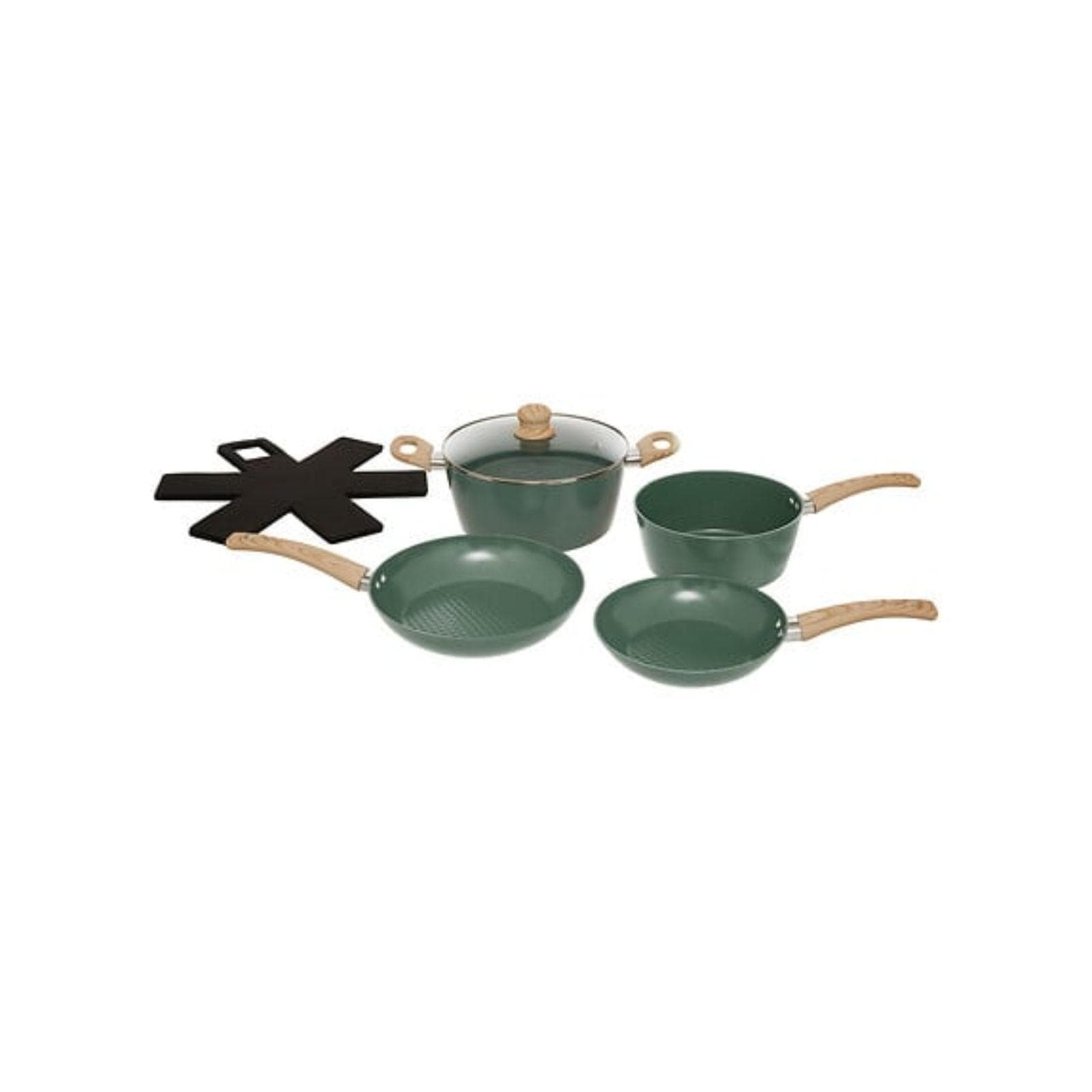Set 7 accessori pentole in alluminio forgiato verde e manico effetto legno