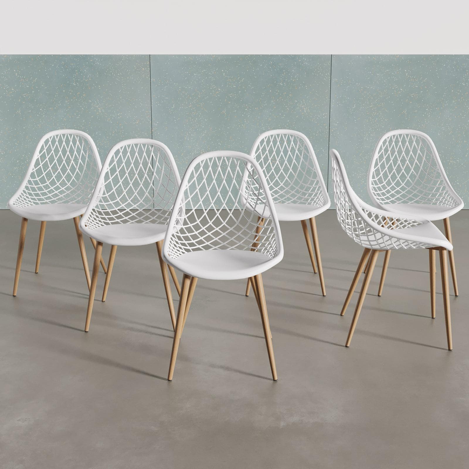 Set 6 sedie in polipropilene bianco con gambe in metallo effetto legno - Timeles
