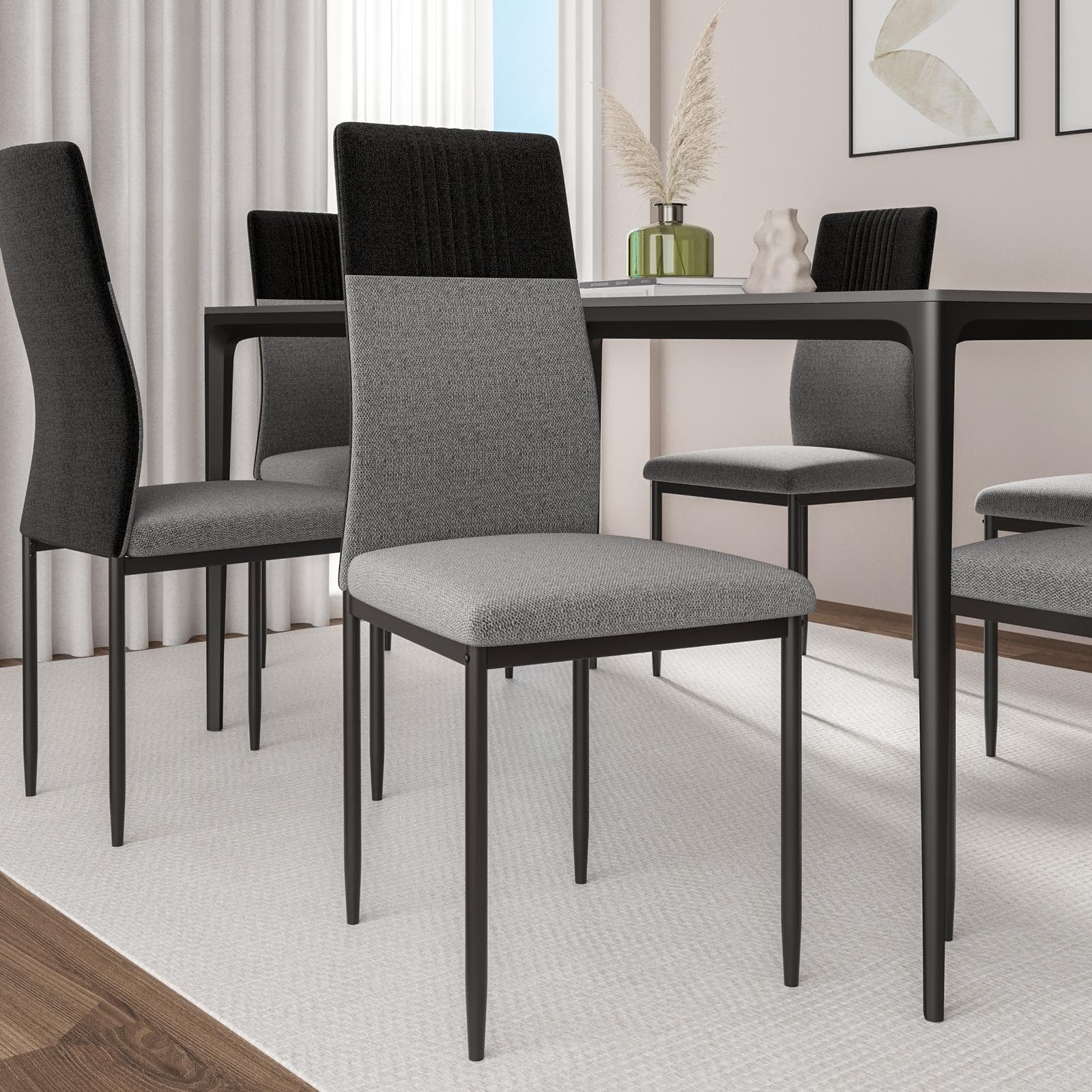 Set 6 sedie in tessuto grigio e nero con gambe in metallo nere - Sworty Plus