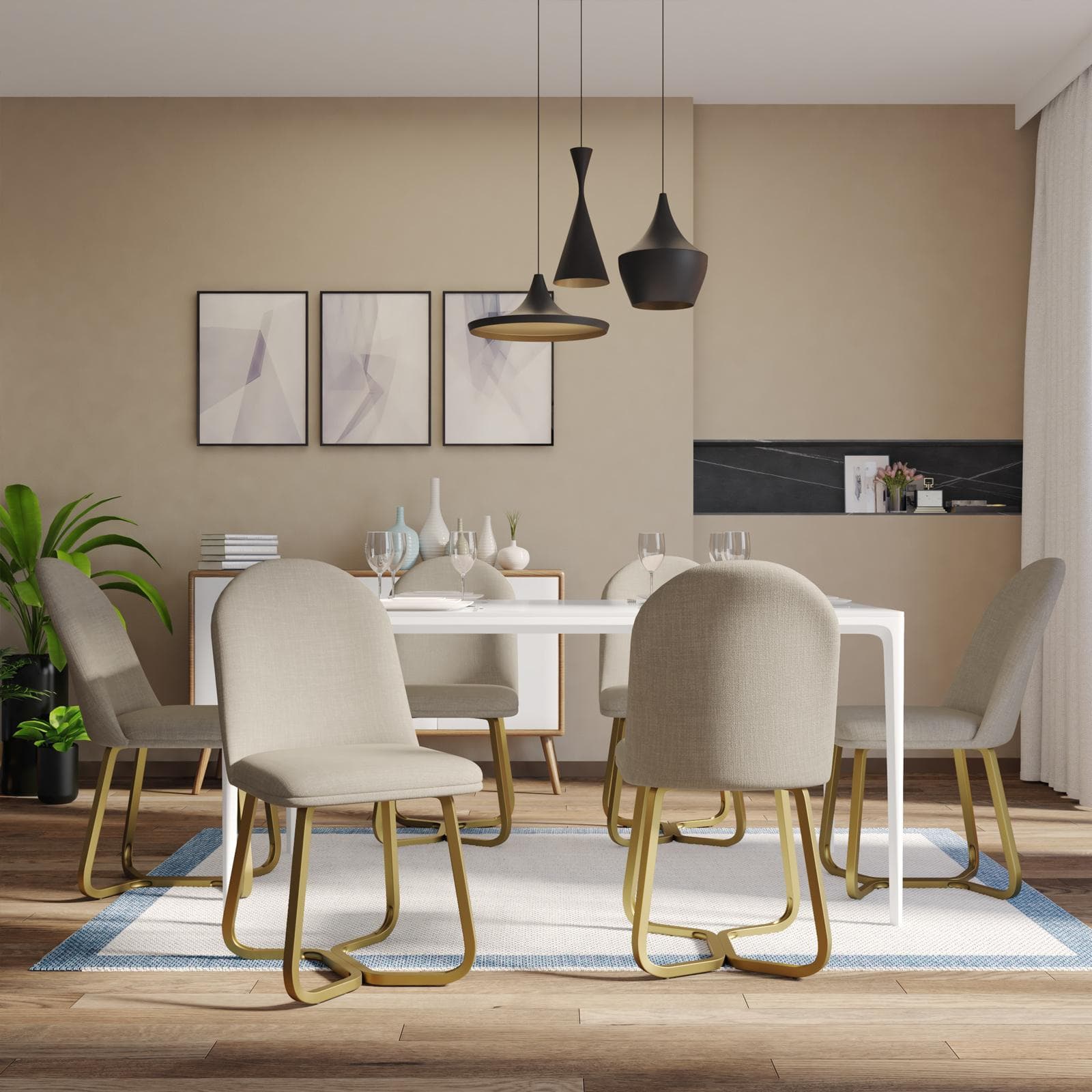 Set 6 sedie in tessuto tortora con gambe oro - Amaya