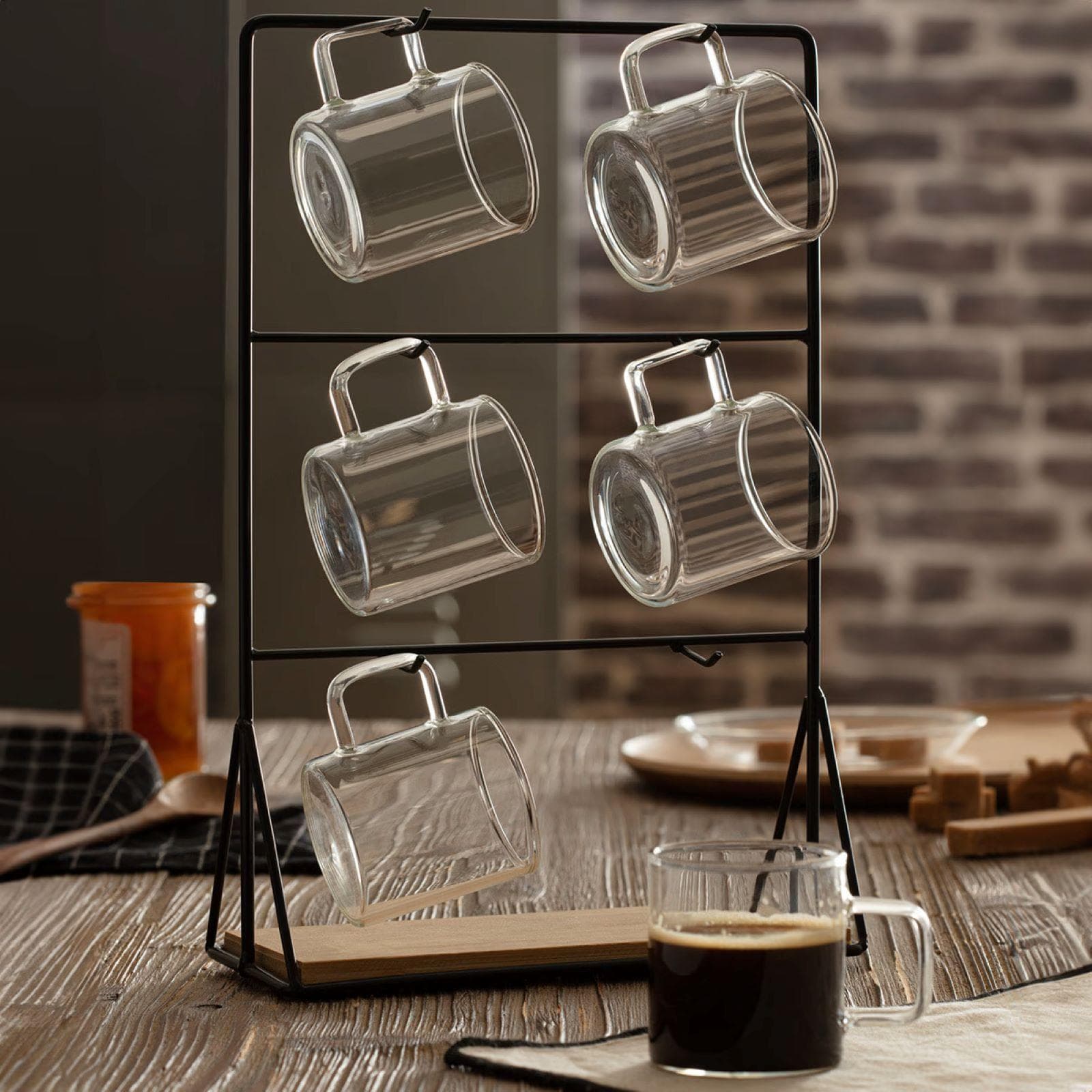 Set 6 tazzine in vetro 10 cl con supporto 30h cm in metallo nero