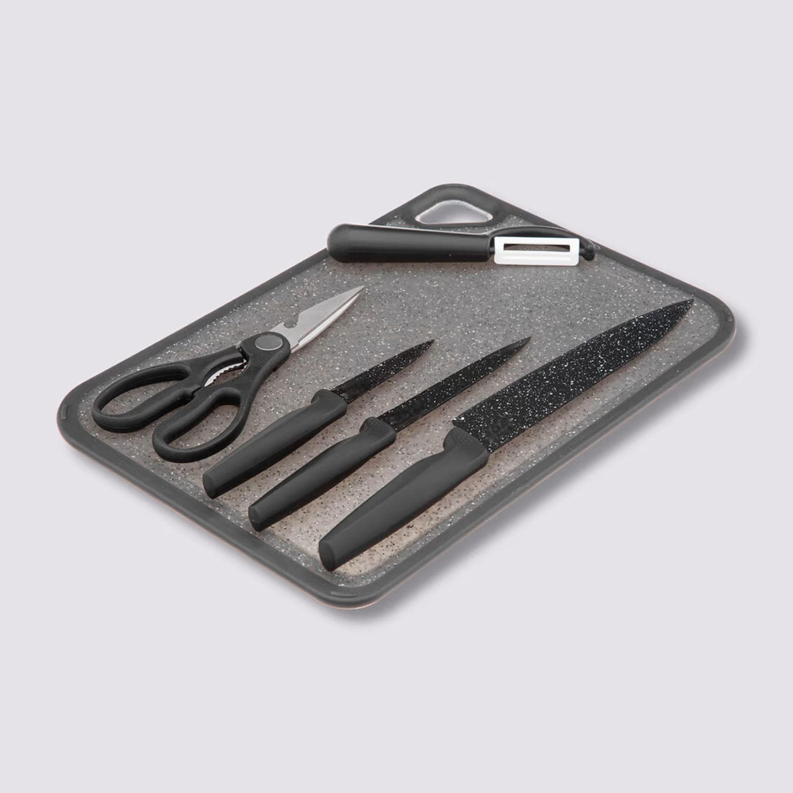 Set 6 utensili per la cucina in acciaio effetto pietra nero e polipropielene - Yasmira
