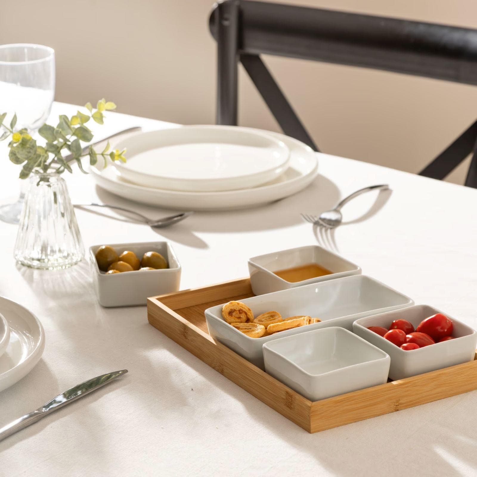 Set 6 accessori per aperitivo in bambù naturale e ceramica bianco