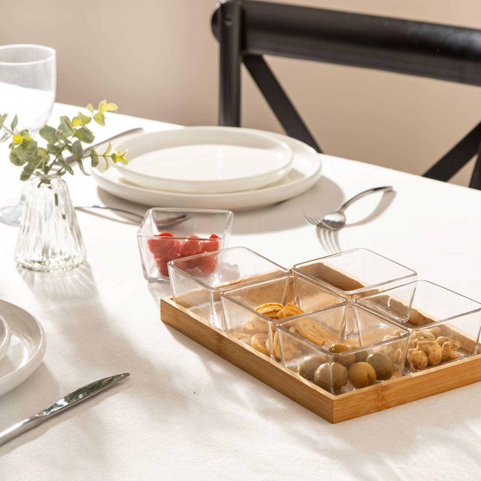 Set 7 accessori per aperitivo in bambù naturale e vetro