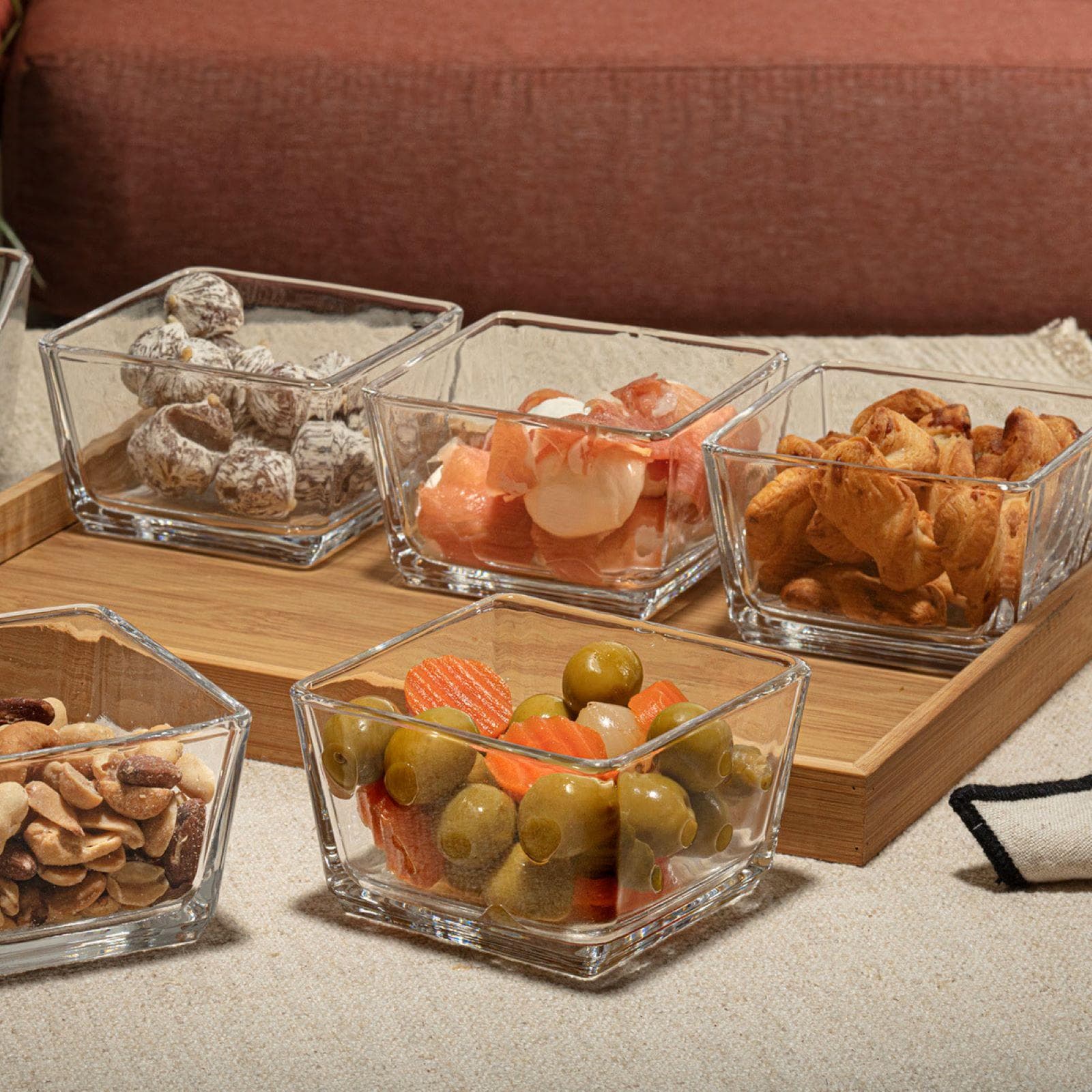 Set 7 accessori per aperitivo in bambù naturale e vetro
