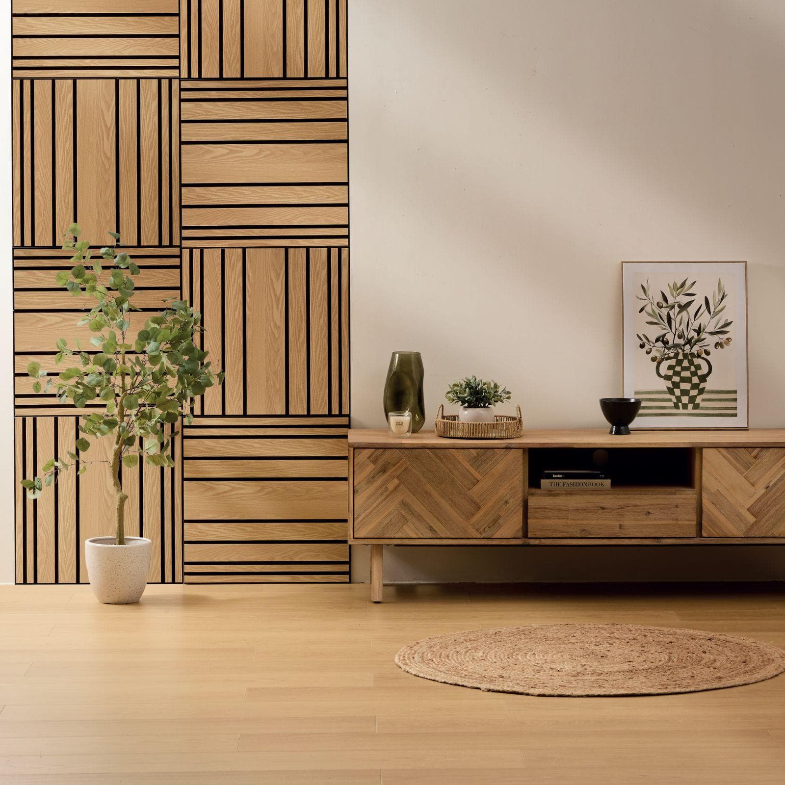 Set 8 pannelli fonoassorbenti boiserie 60x60h cm nero con listelli simmetrici acero - Bjorn