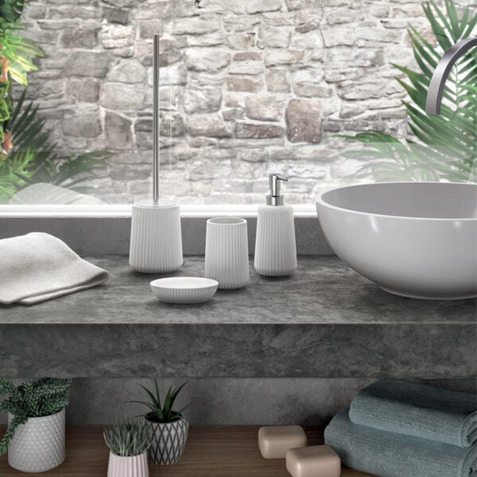 Set 2 accessori d'appoggio in ceramica bianco rigato - Marika di Gedy