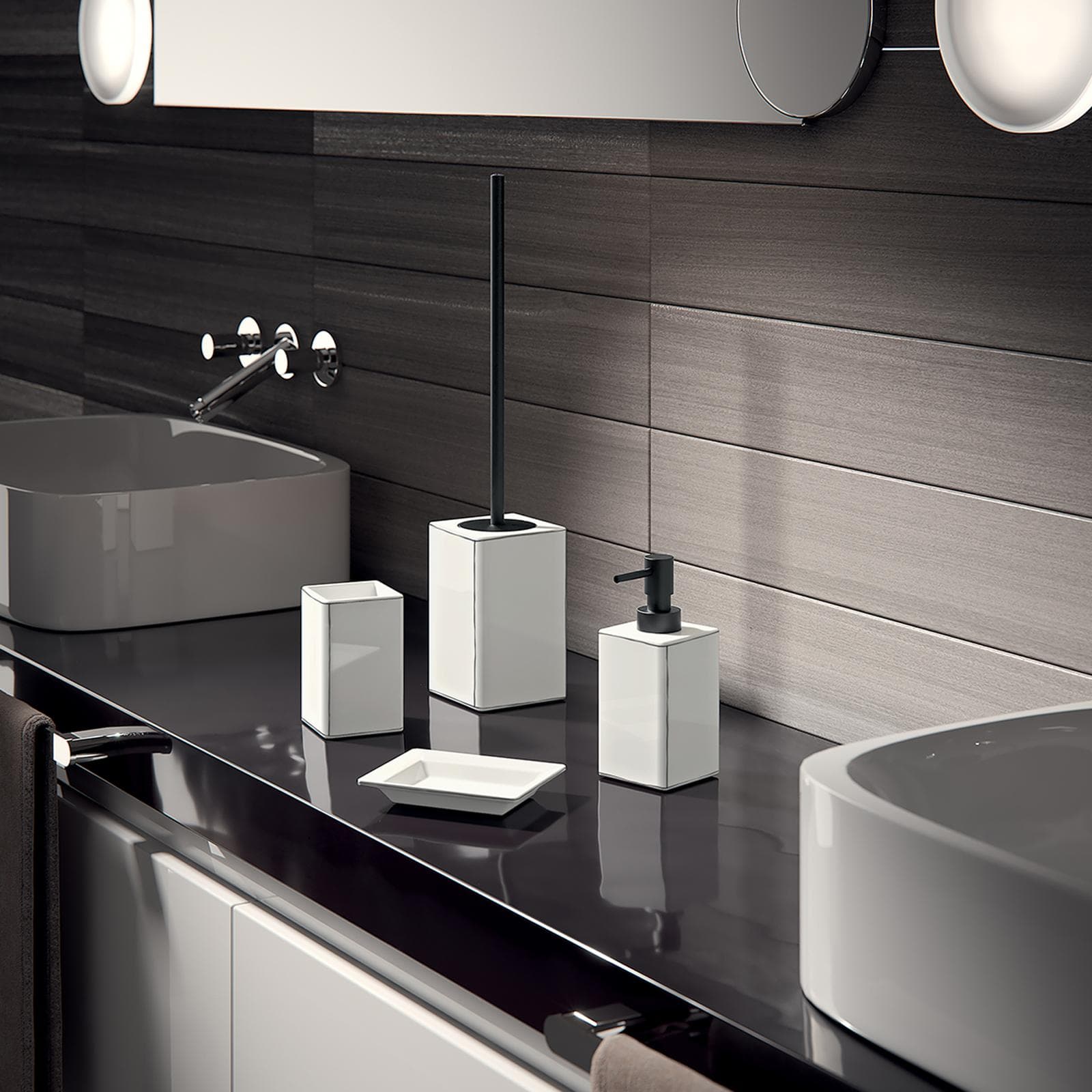 Set 2 accessori d'appoggio in ceramica bianco e profilo nero - Lucrezia di Gedy