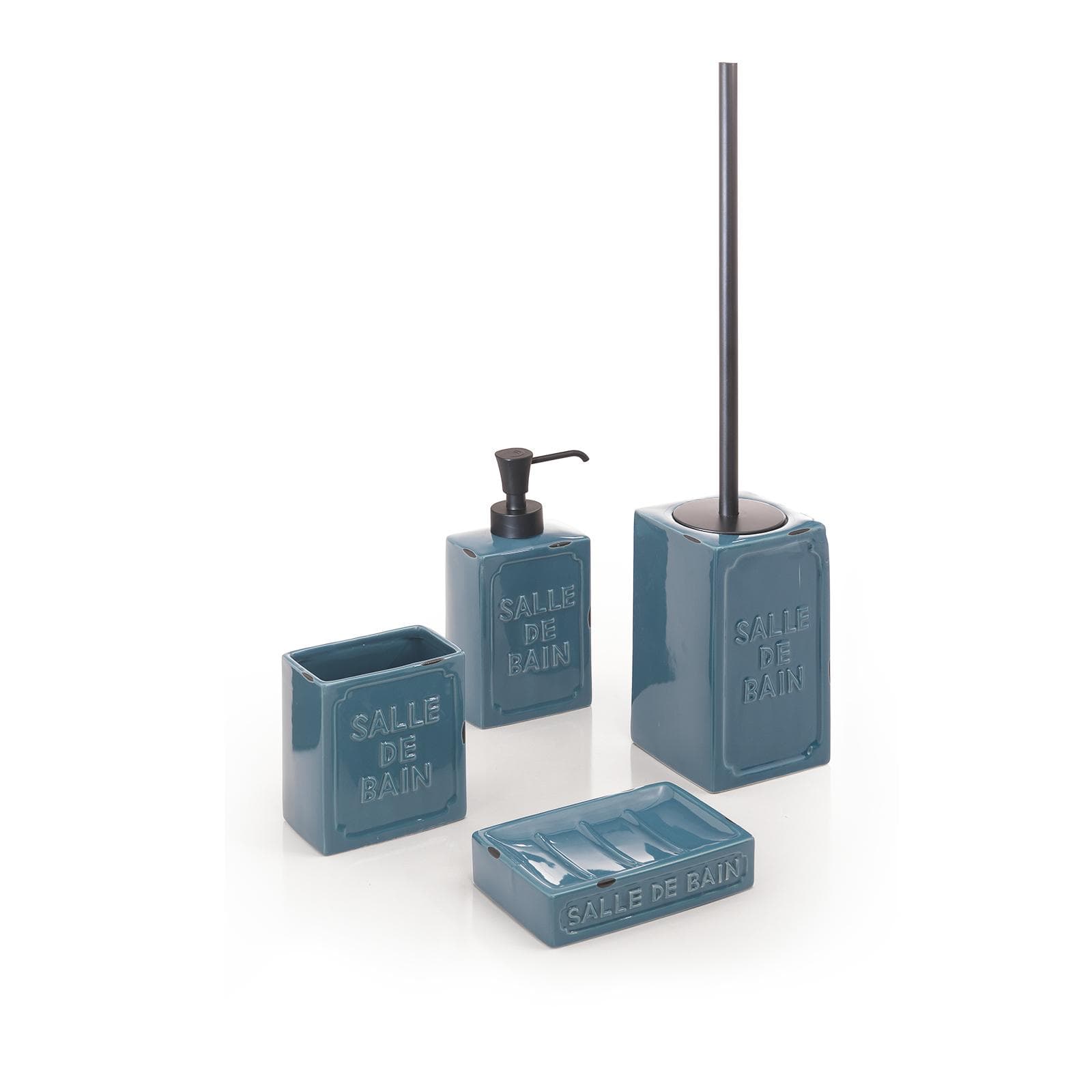 Set 3 accessori da appoggio in ceramica blu con stampa in rilievo - Vivienne di Gedy