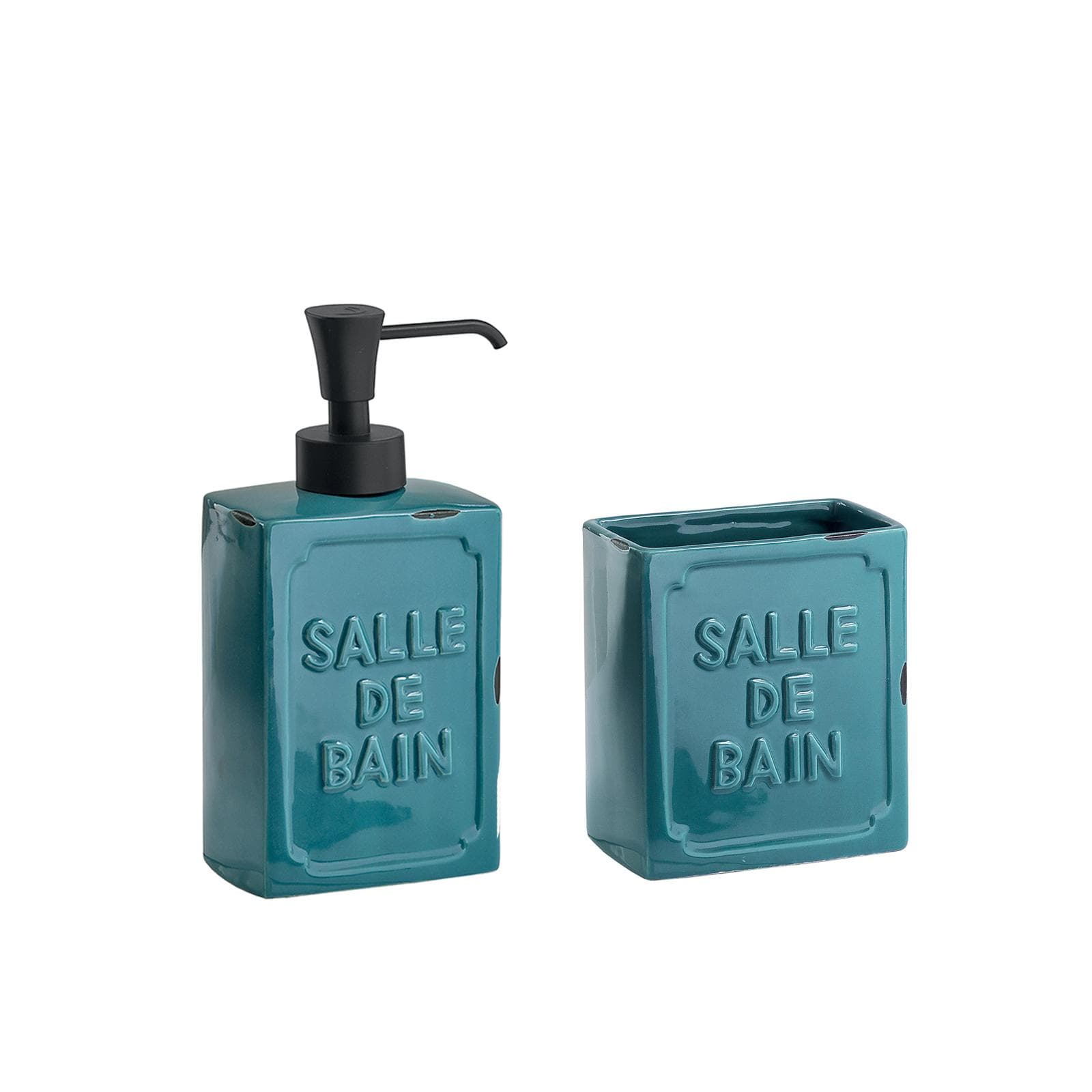 Set 2 accessori da appoggio in ceramica blu con stampa in rilievo - Vivienne di Gedy