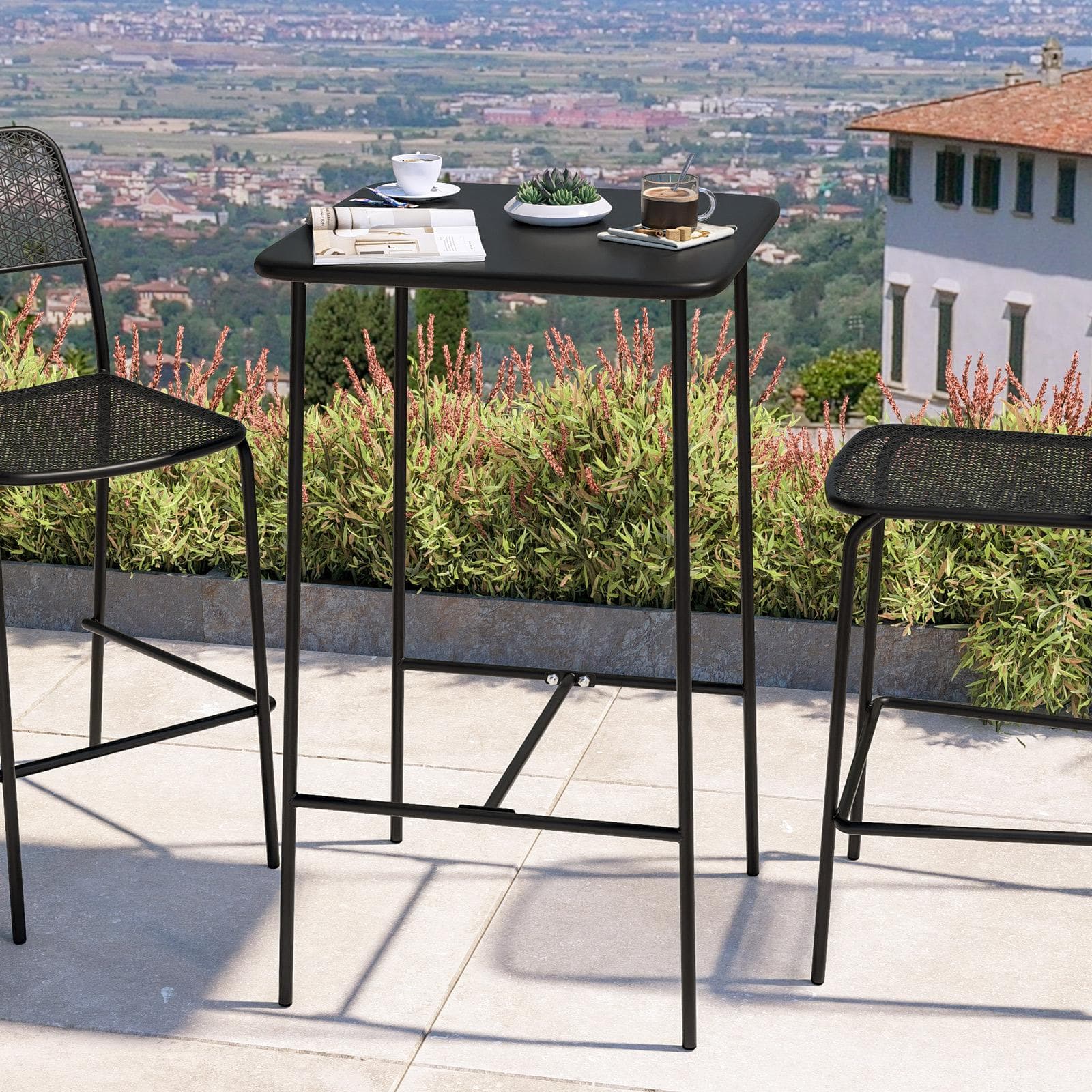 Set bistrot con tavolo alto 60x60 cm e 2 sgabelli in acciaio nero - Faber