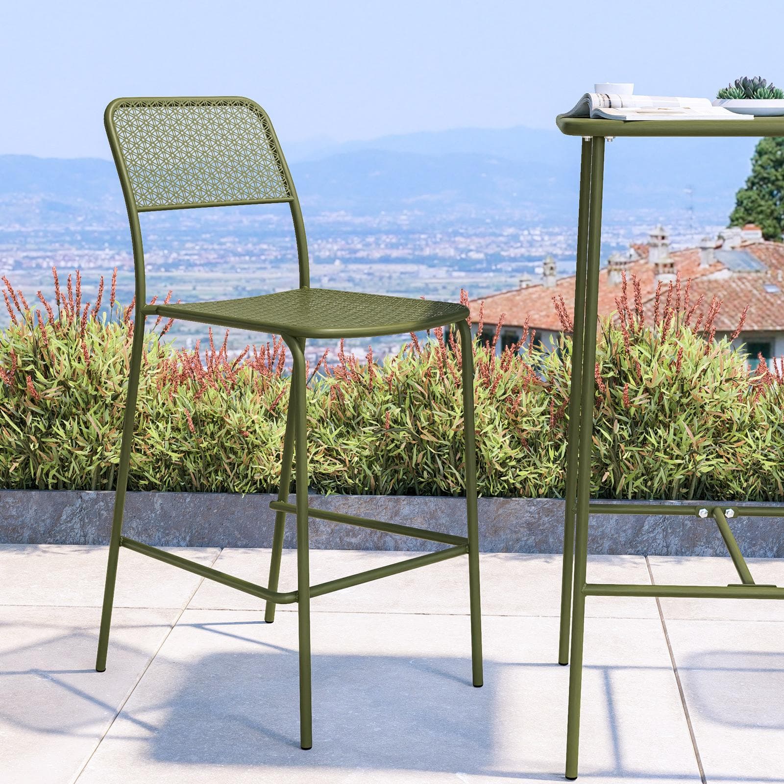 Set bistrot con tavolo alto e 2 sgabelli in acciaio verde oliva - Faber