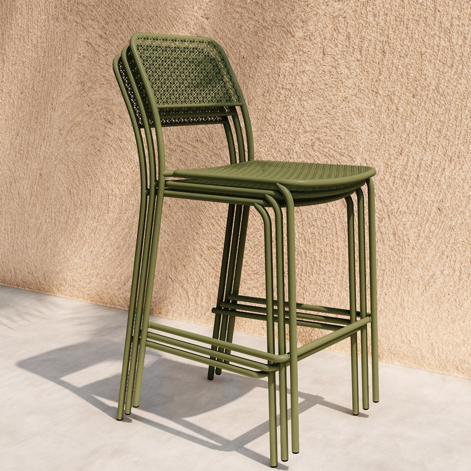 Set bistrot con tavolo alto e 2 sgabelli in acciaio verde oliva - Faber