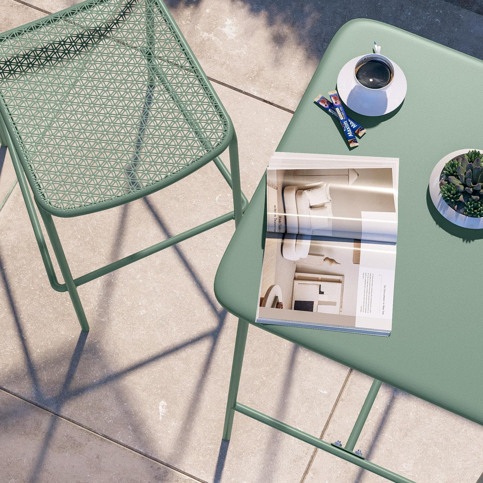 Set bistrot con tavolo alto e 2 sgabelli in acciaio verde marino - Faber