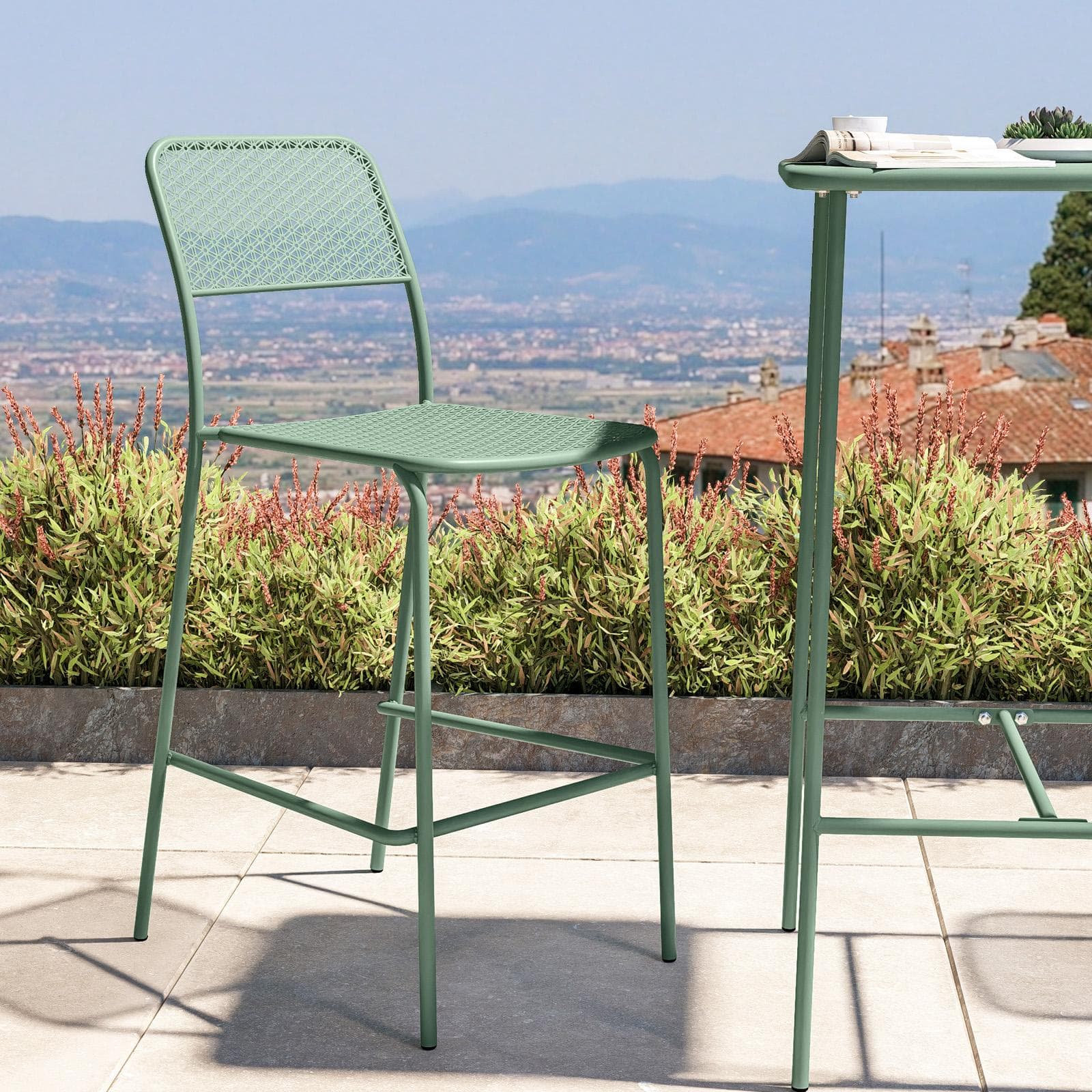 Set bistrot con tavolo alto e 2 sgabelli in acciaio verde marino - Faber