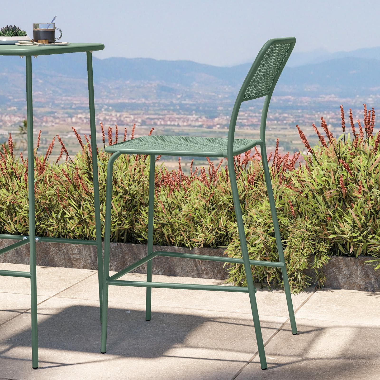 Set bistrot con tavolo alto e 2 sgabelli in acciaio verde marino - Faber