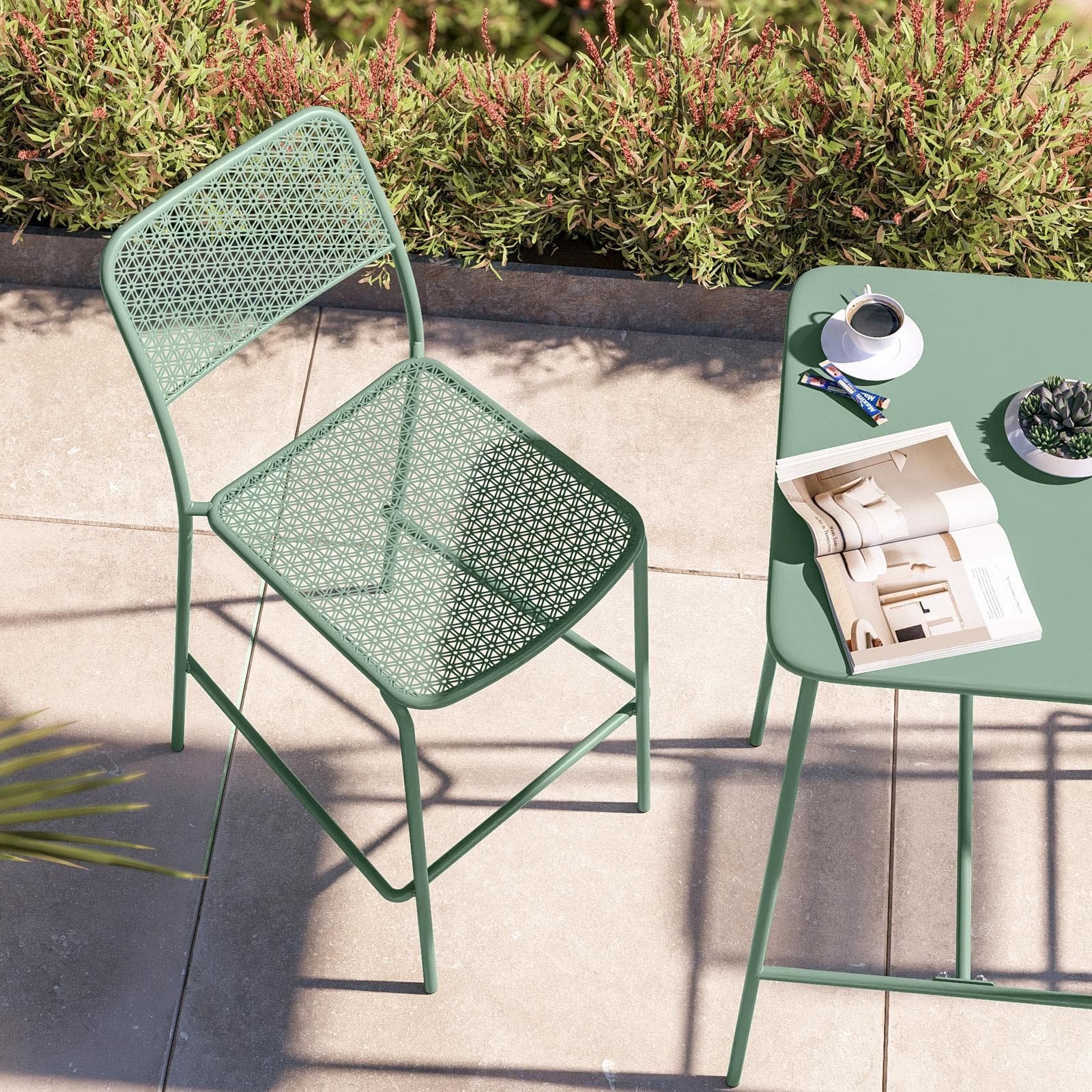 Set bistrot con tavolo alto e 2 sgabelli in acciaio verde marino - Faber
