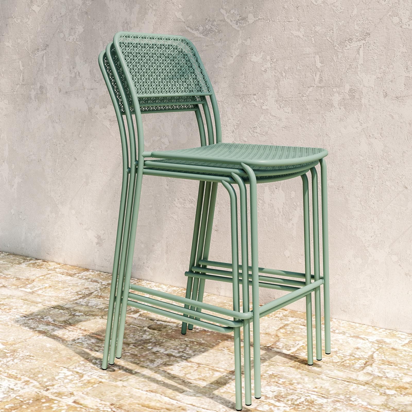 Set bistrot con tavolo alto e 2 sgabelli in acciaio verde marino - Faber