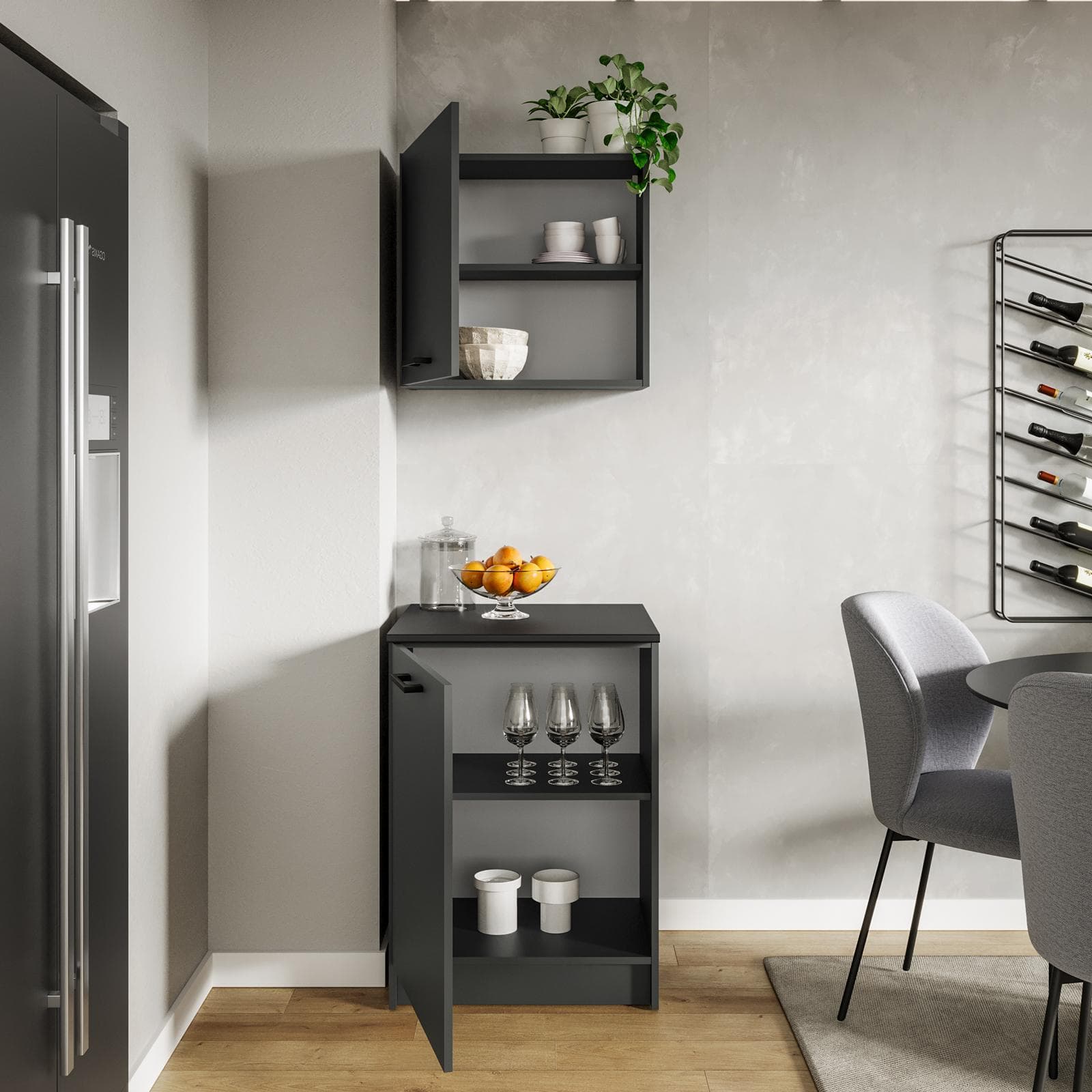 Set base e pensile 60 cm grafite e top nero con 2 ante - Mafalda