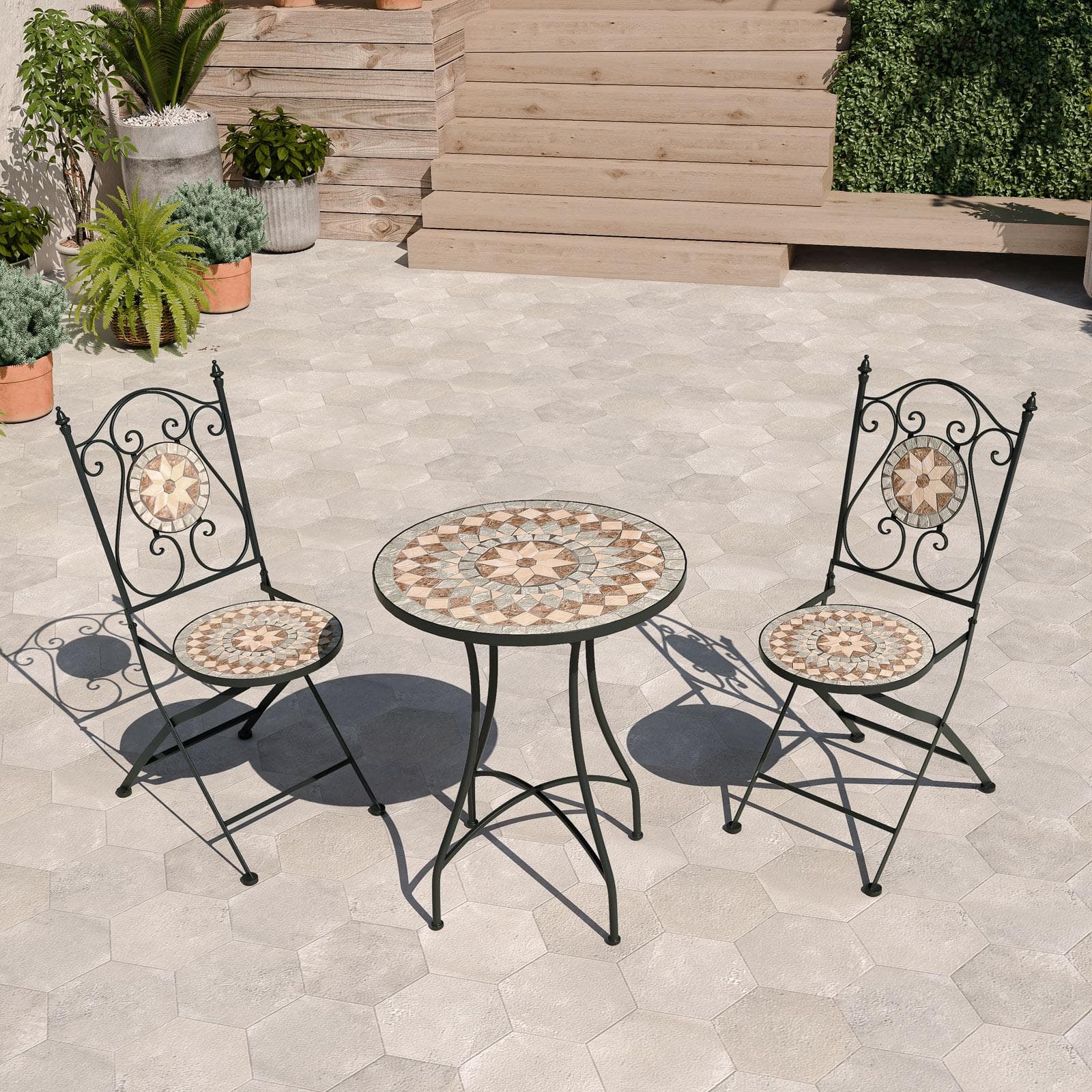 Set bistrot 2 sedie e tavolo rotondo 60 cm con decorazione mosaico a stella toni caldi - Otranto
