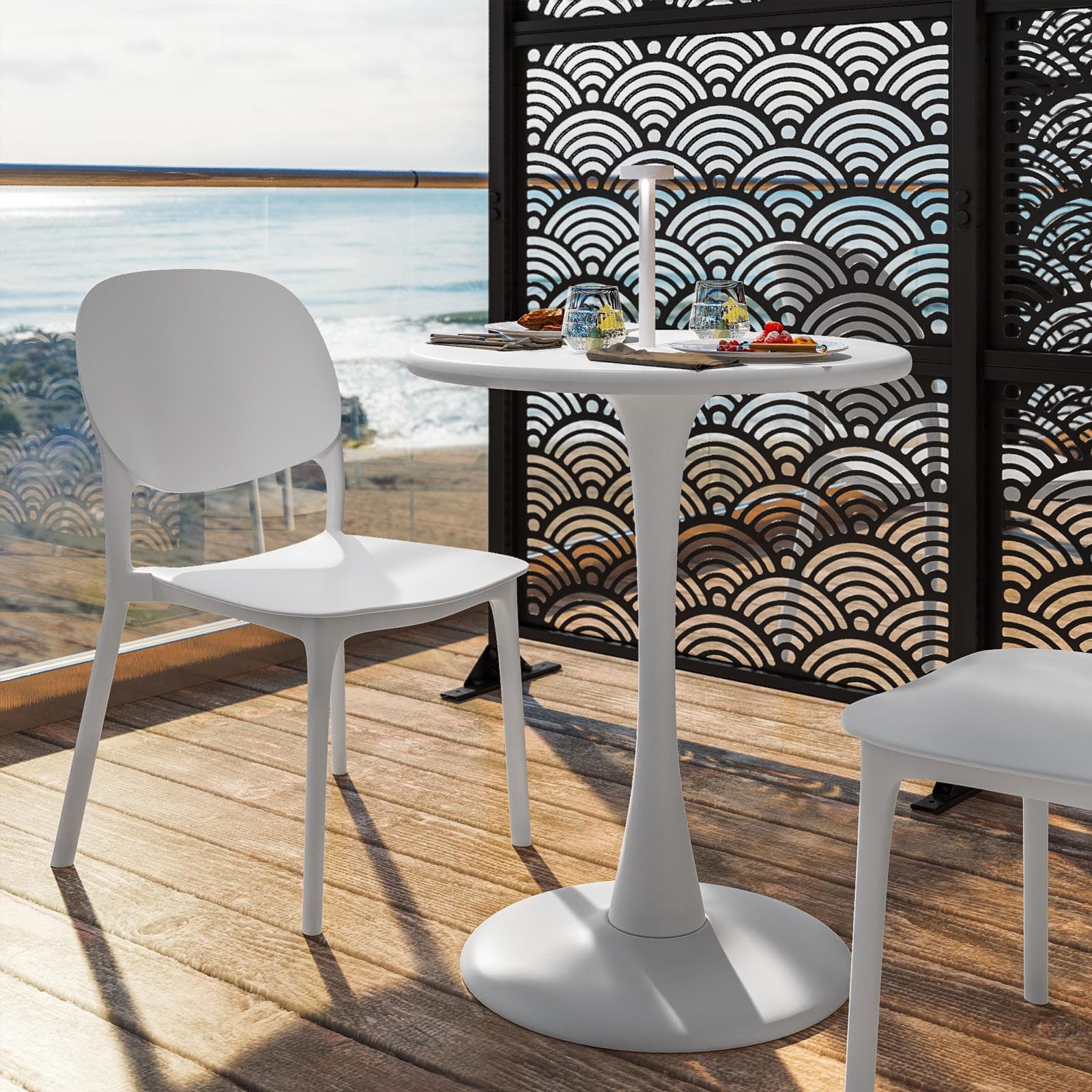 Set bistrot con tavolo rotondo 60 cm e 2 sedie impilabili in polipropilene bianco - Tulipano