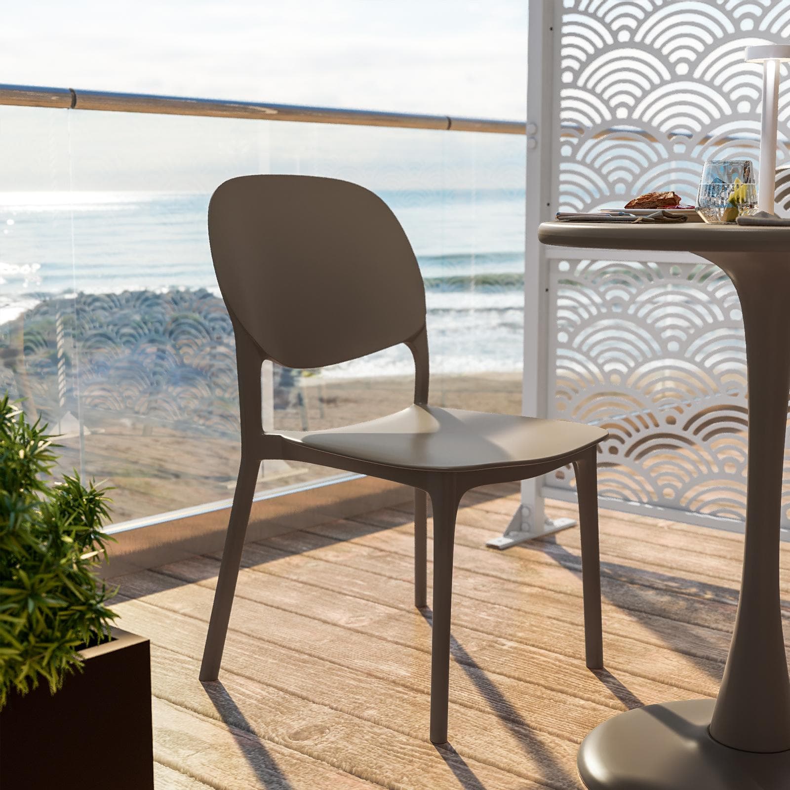 Set bistrot con tavolo rotondo 60 cm e 2 sedie impilabili in polipropilene cacao - Tulipano