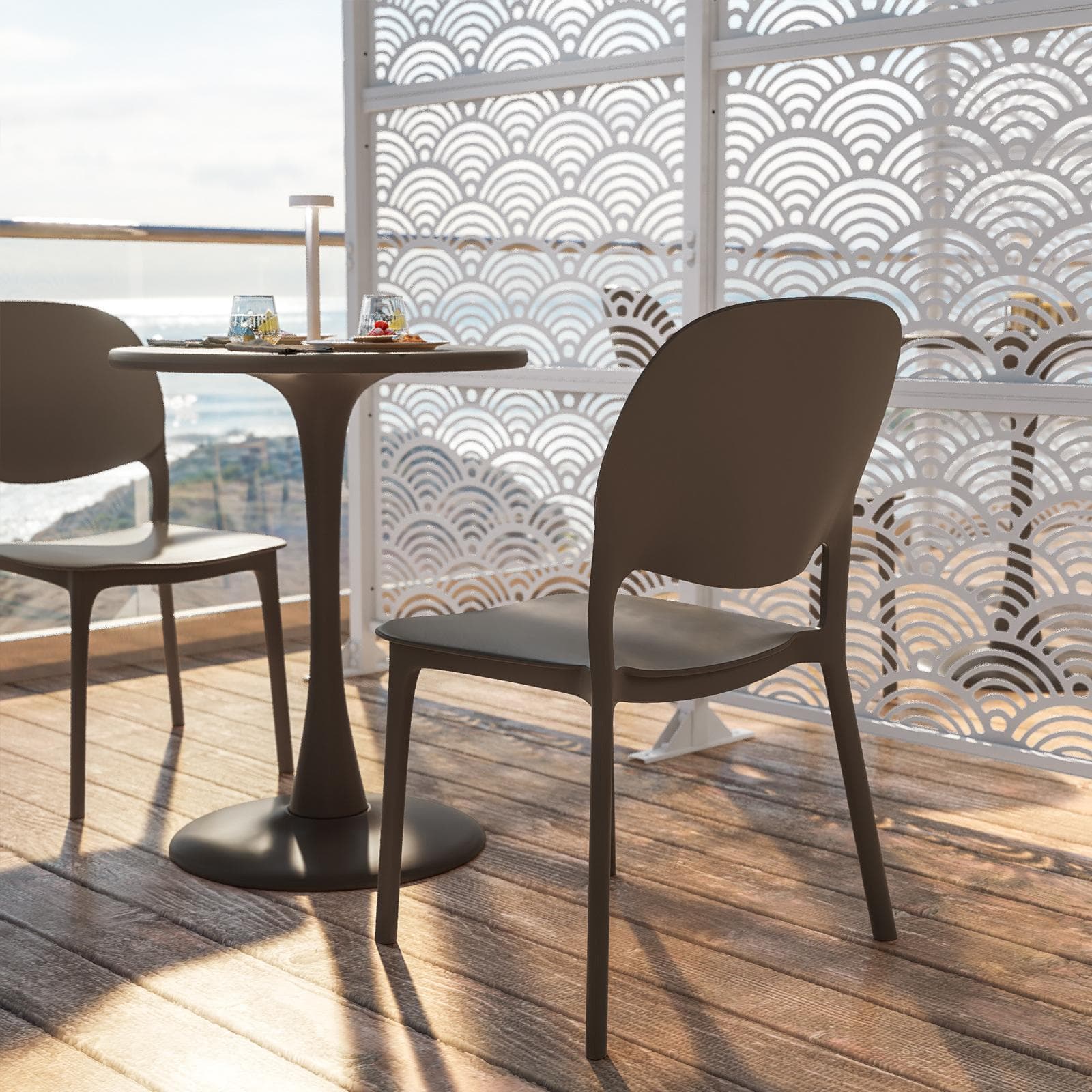 Set bistrot con tavolo rotondo 60 cm e 2 sedie impilabili in polipropilene cacao - Tulipano
