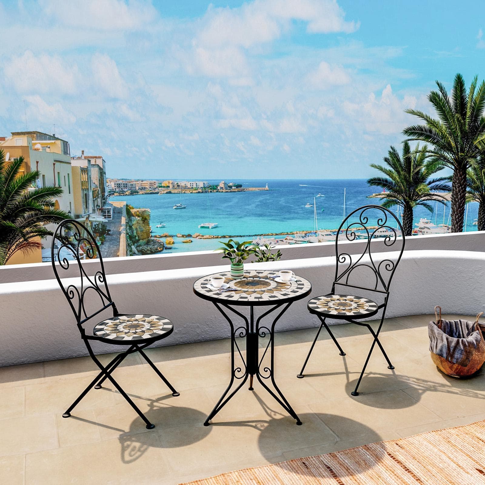Set bistrot con tavolo Ø 60 cm e due sedie con decorazione mosaico - Otranto