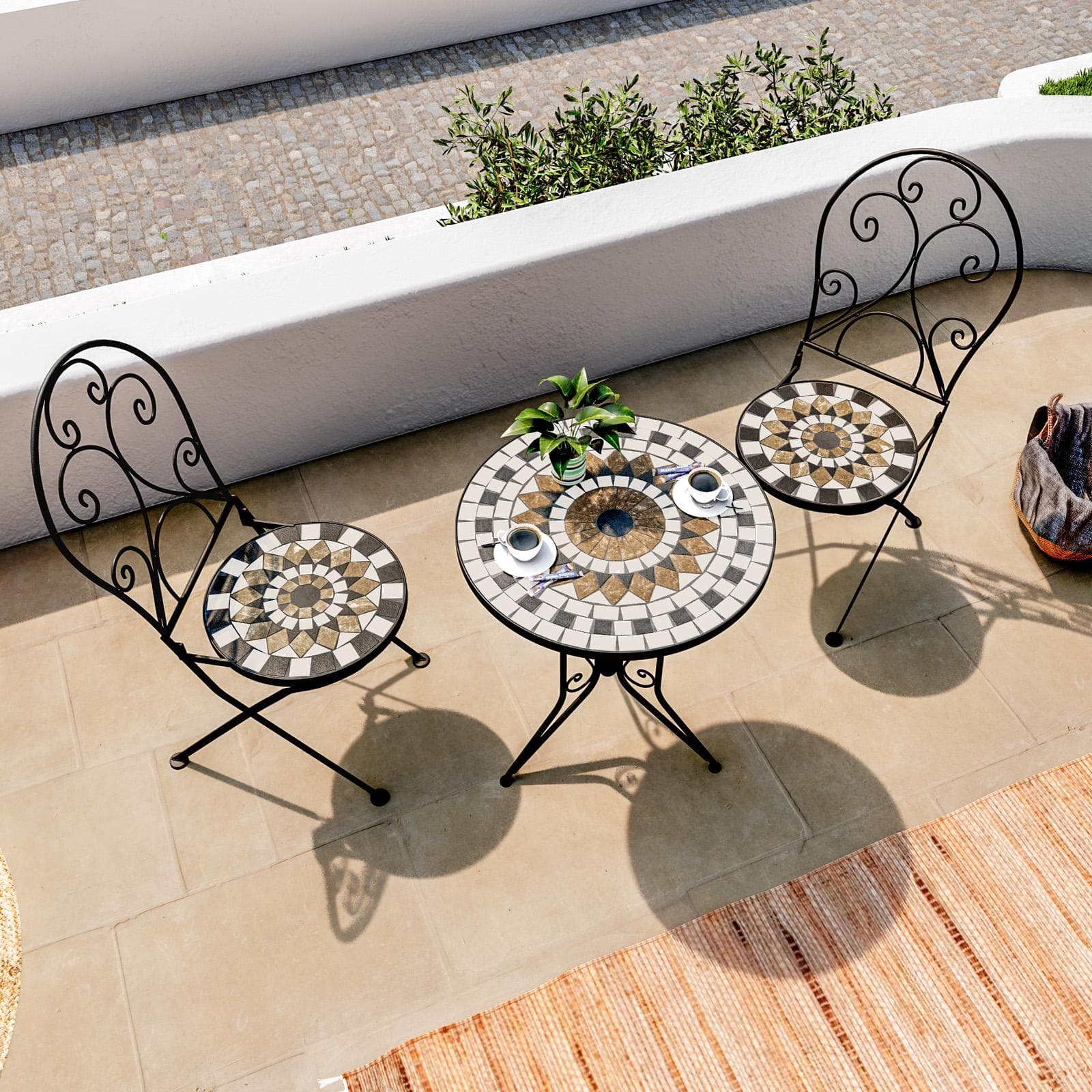 Set bistrot con tavolo Ø 60 cm e due sedie con decorazione mosaico - Otranto