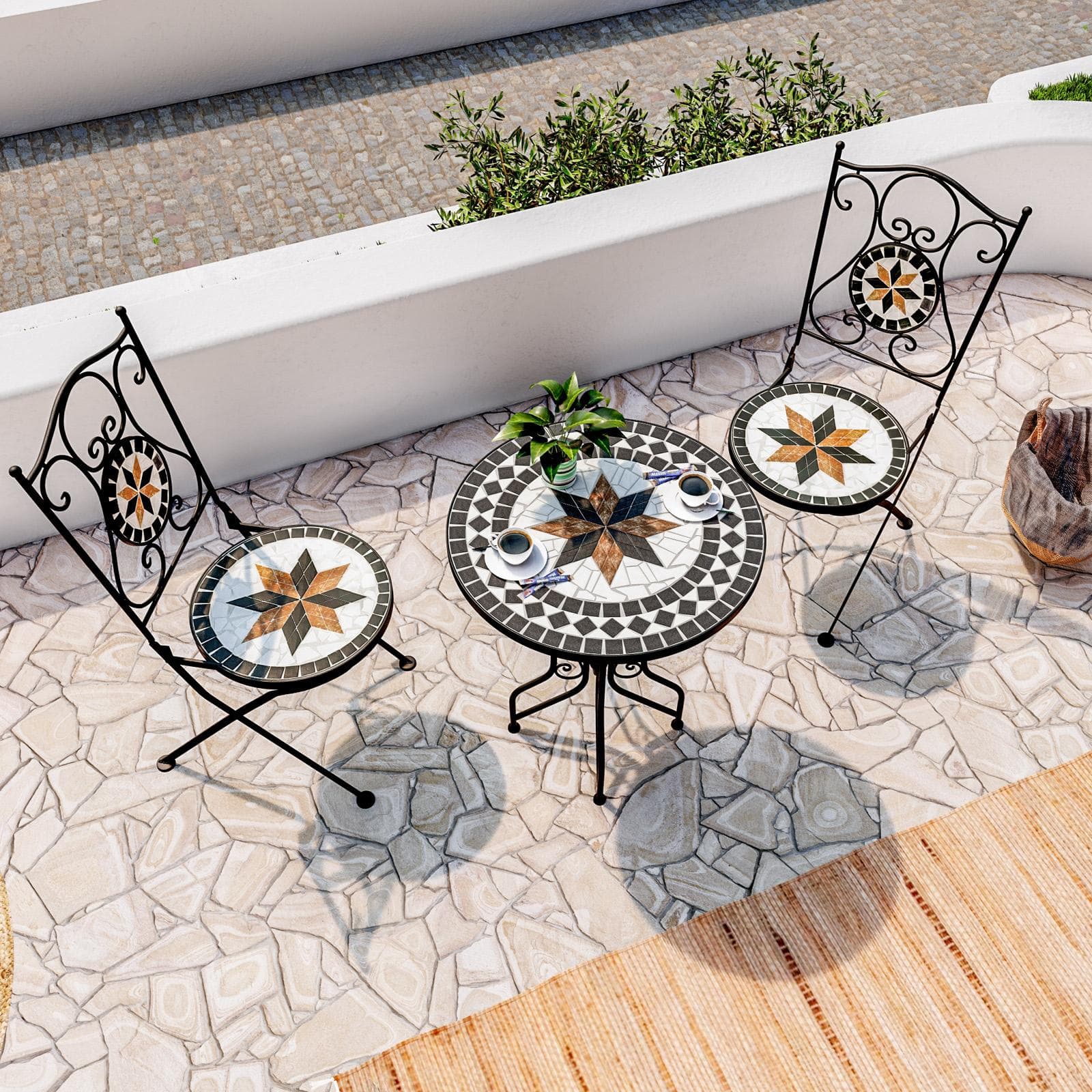 Set bistrot con tavolo rotondo 60 cm e due sedie pieghevoli con decorazione mosaico - Otranto