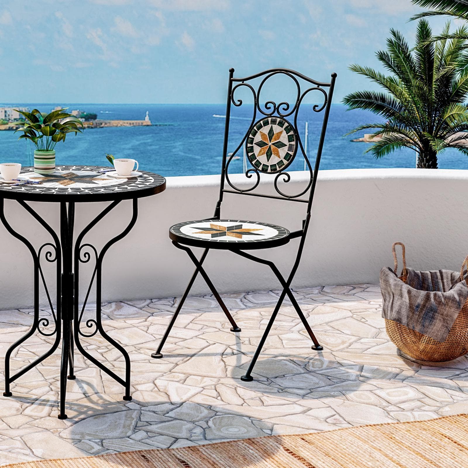 Set bistrot con tavolo rotondo 60 cm e due sedie pieghevoli con decorazione mosaico - Otranto
