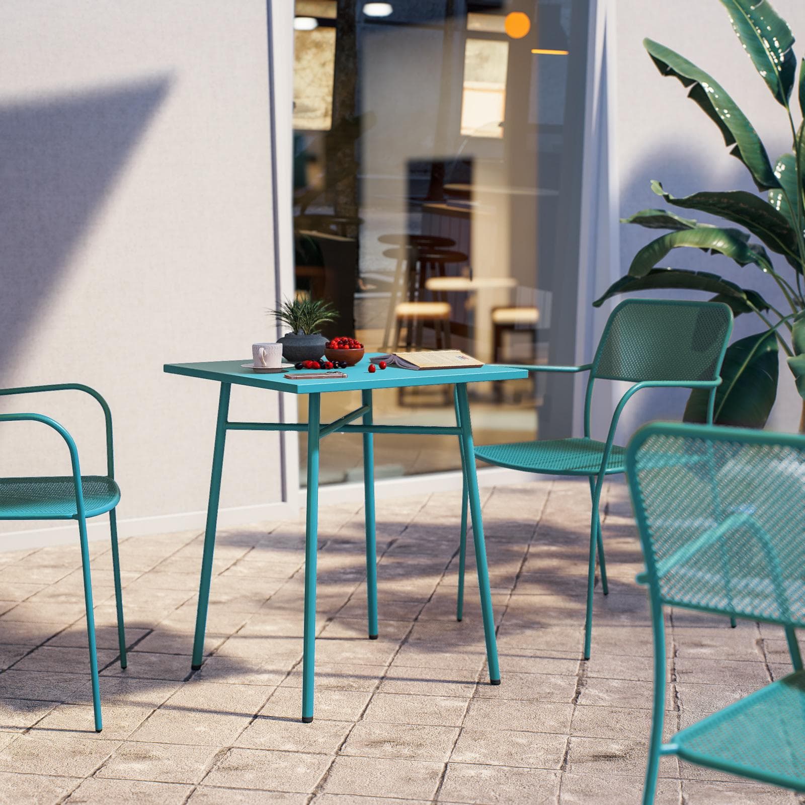 Set bistrot con tavolo 60x60 cm e 2 sedie con braccioli in acciaio blu maldive - Faber