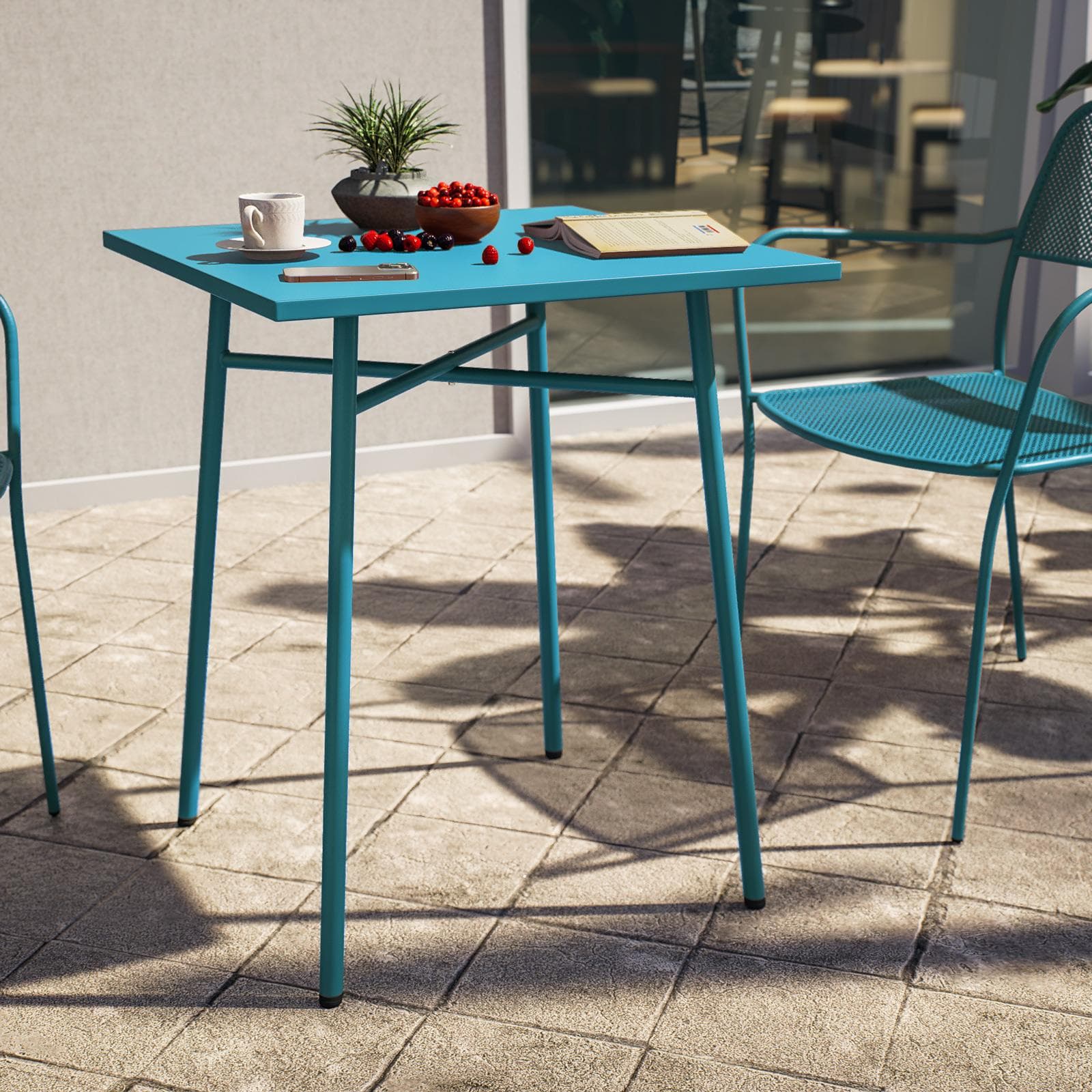 Set bistrot con tavolo 60x60 cm e 2 sedie con braccioli in acciaio blu maldive - Faber