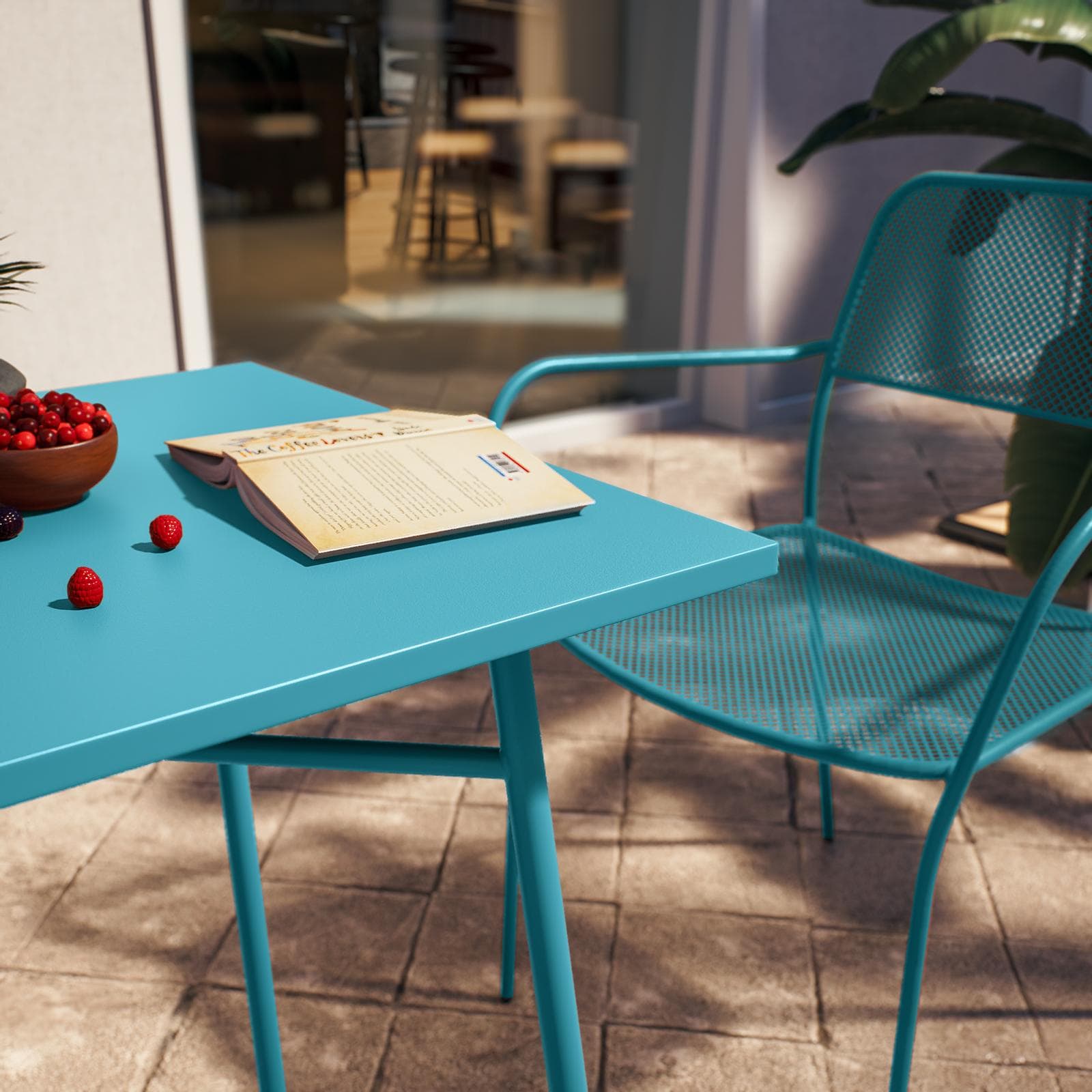 Set bistrot con tavolo 60x60 cm e 2 sedie con braccioli in acciaio blu maldive - Faber