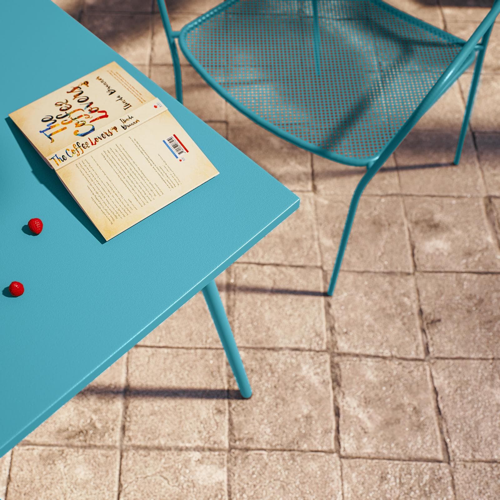 Set bistrot con tavolo 60x60 cm e 2 sedie con braccioli in acciaio blu maldive - Faber
